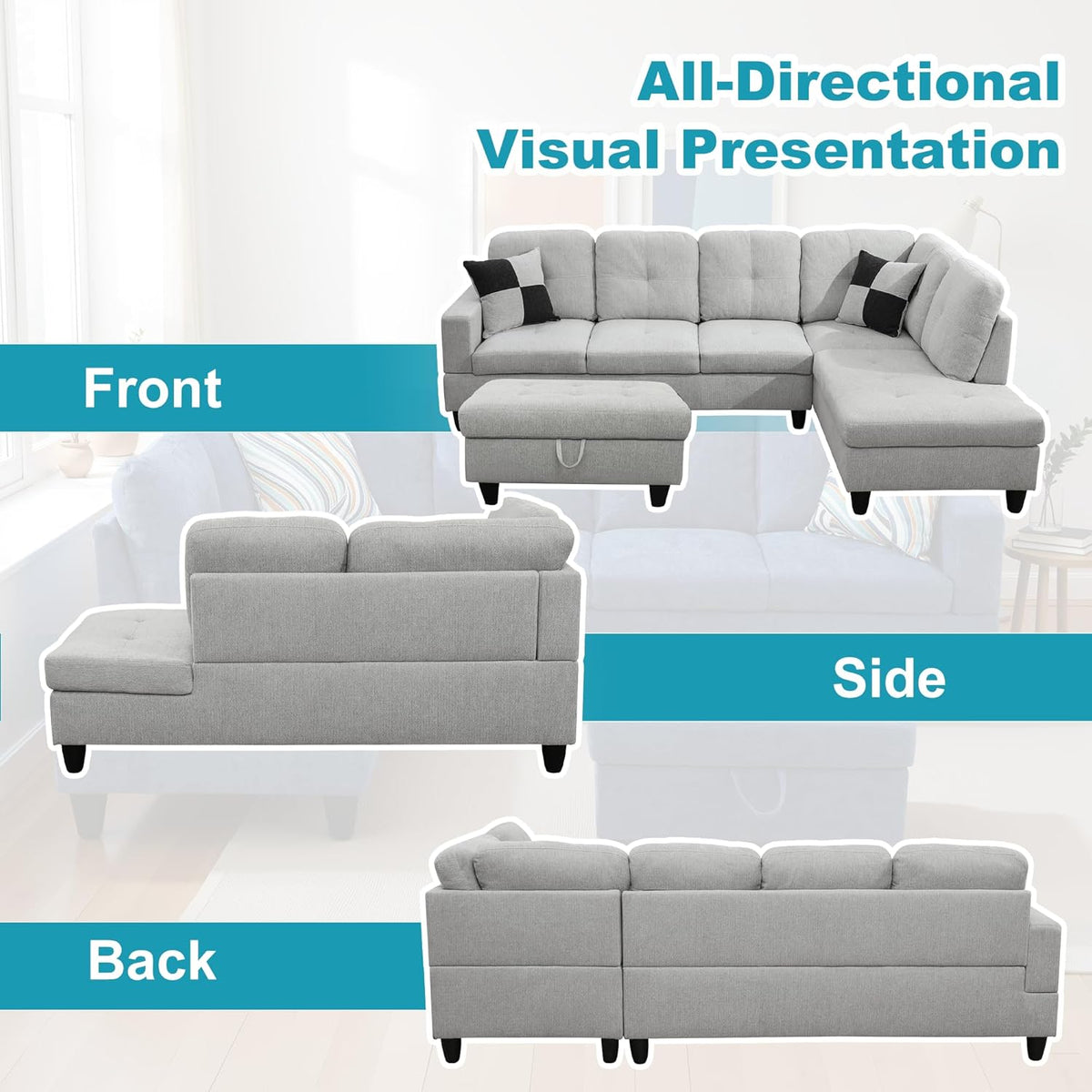 Couches for Living Room Modern L Shaped Couch Comfy Flannel Fabric 3 Pieces Sectional Sofa with Chaise, Ottoman with Storage for Office and Small Apartment, Light Grey
