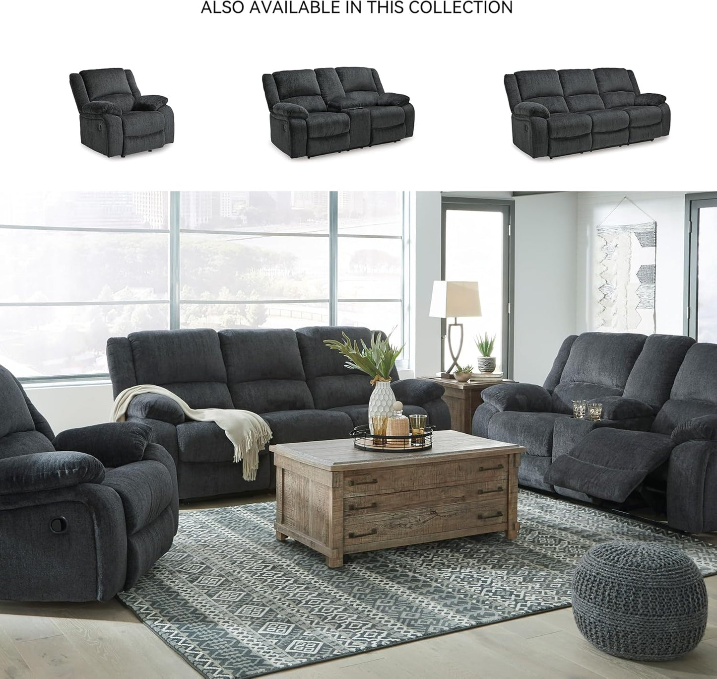 Signature Design by Ashley Draycoll Contemporary Double Reclining Manual Loveseat with Center Console, Dark Gray