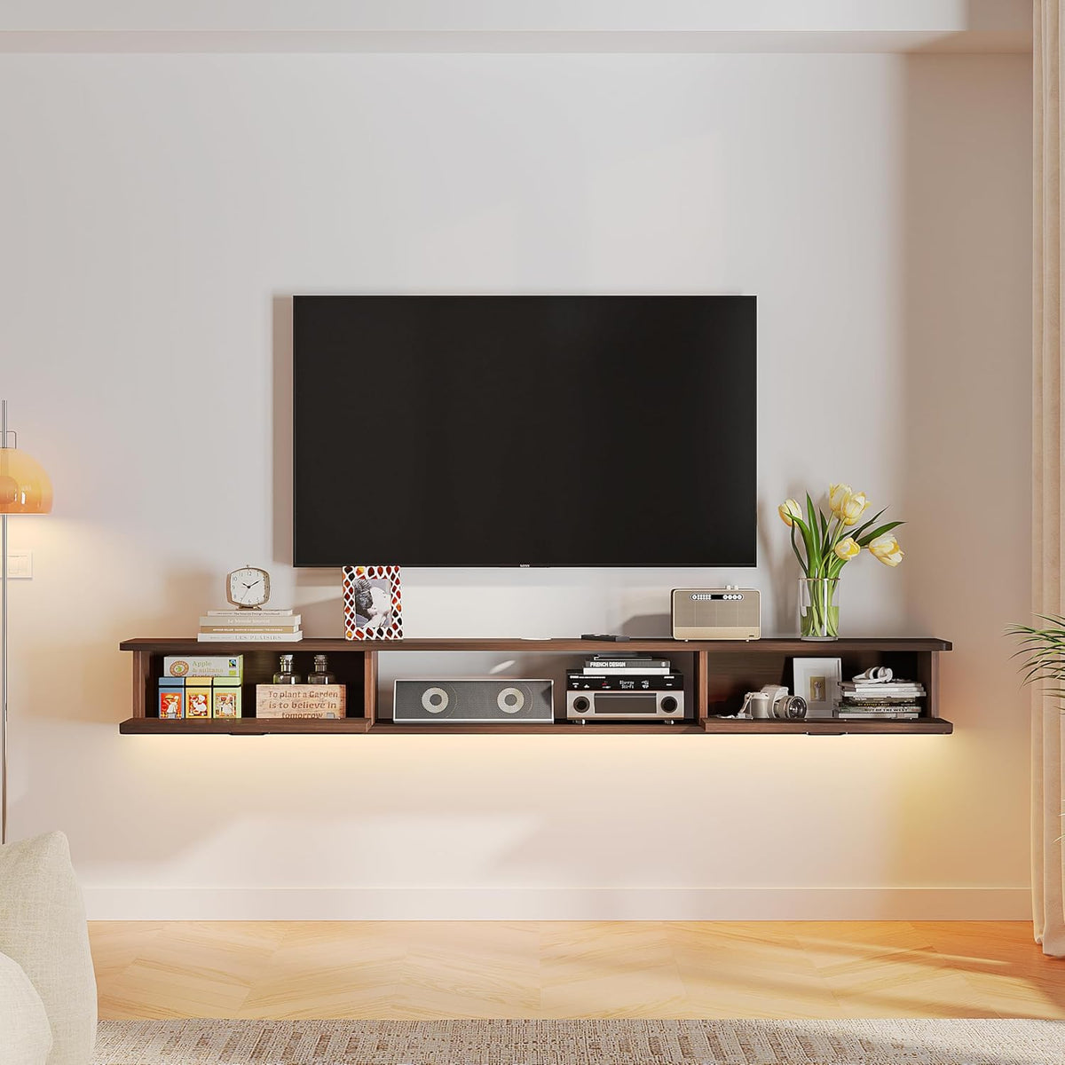 Floating TV Stand with 2 Doors,94'' Wall-Mounted TV Console,Floating TV Cabinet,Floating Console Shelf,Wall Mounted TV Cabinet(Walnut)
