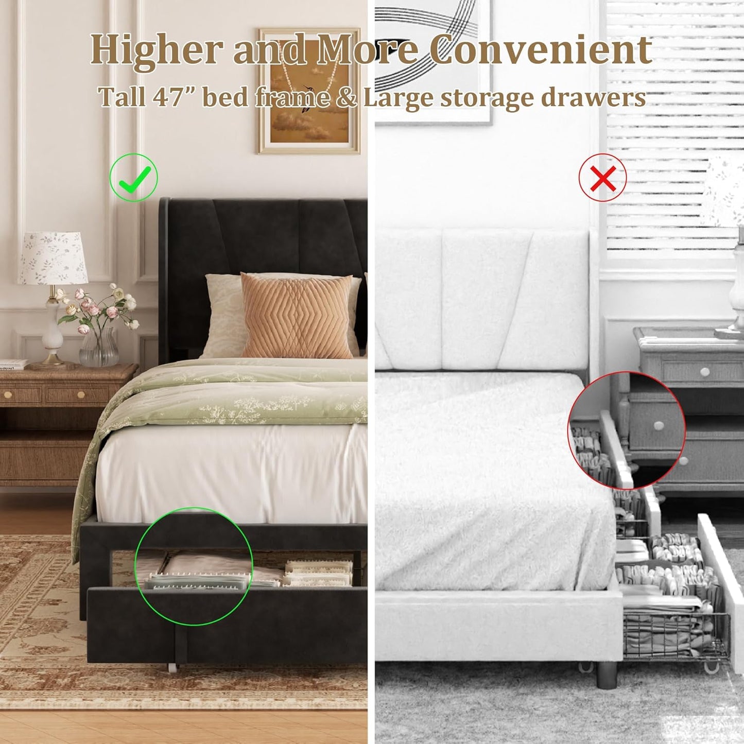 Full Bed Frame with Storage Drawers, Upholstered Platform Bed with Headboard and Wingboard, No Box Spring Needed, Noise Free, Easy Assembly, Wooden Support Slats, Black