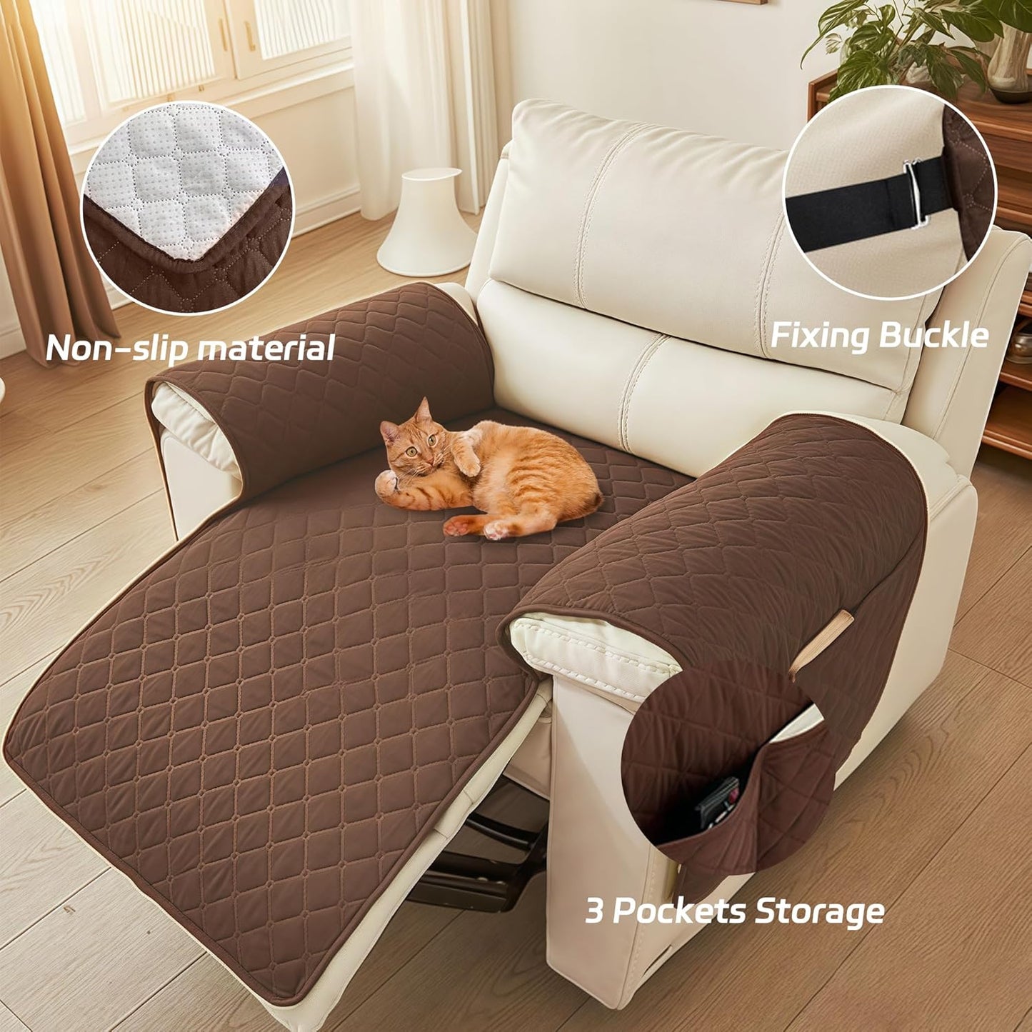 MEHIDFY Sofa Seat Arm Cover, Waterproof Couch Armrest Protector, Anti-Slip Sofa Cover, Remote Holder for Armchair, Dual Side Recliner Caddy with 3 Pockets for TV Remote, Phone, Pad, Pen, Book(Brown)