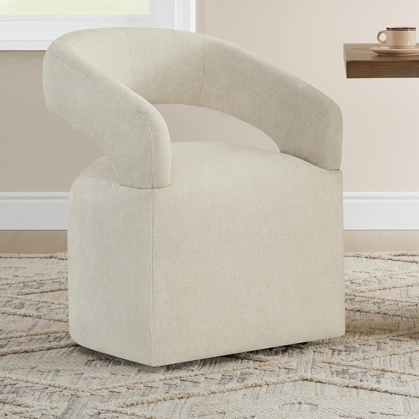 Upholstered Dining Chairs with Removable Casters Barrel Side Armchair with Rollers for Diningroom Bedroom Livingroom Reading Room, Cream Beige, 4PCS