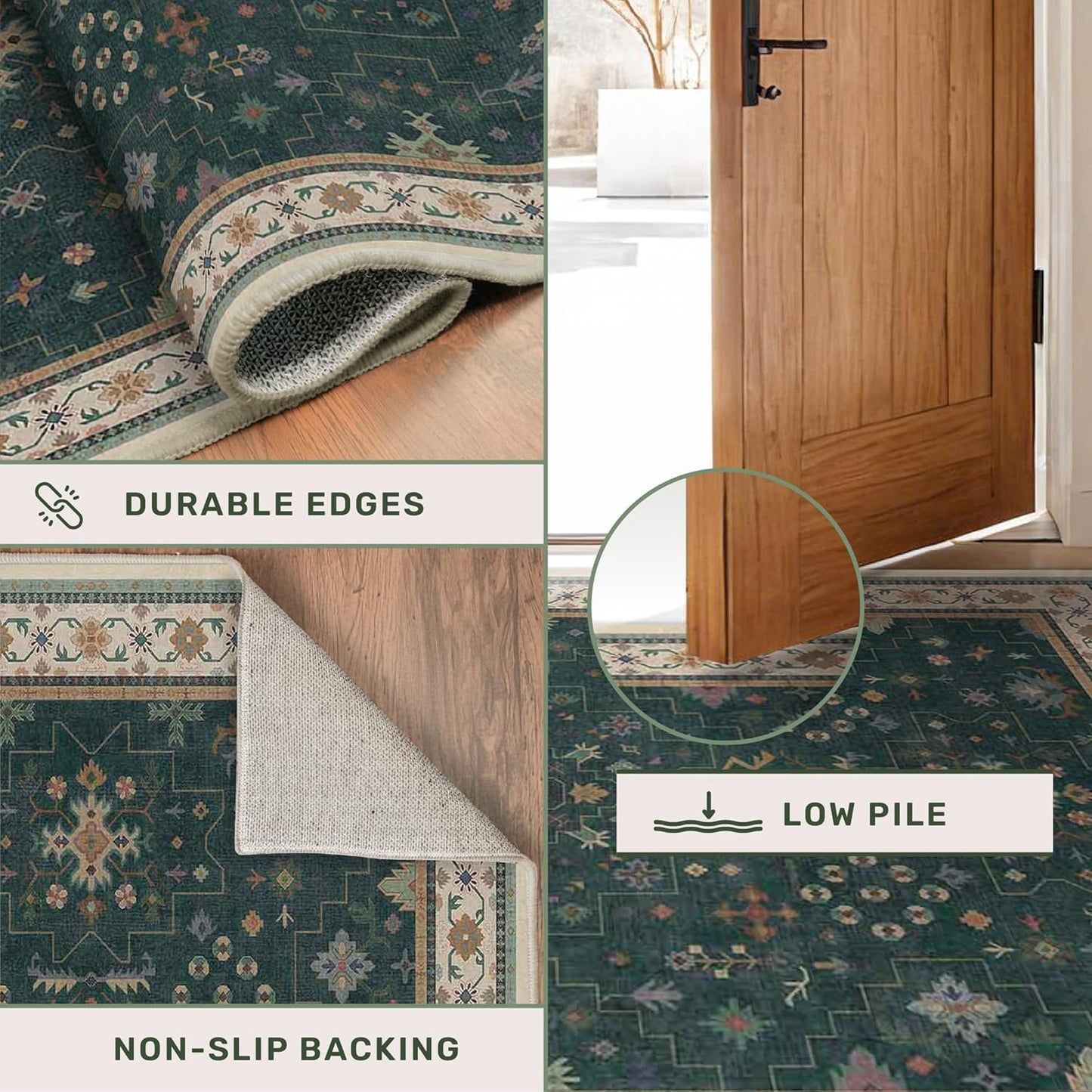 Dark Green Vintage 8x10 Washable Rugs for Living Room - Dark Academia Victorian Floral Geometric Bedroom Rug, Ultra Soft Thin Low Pile Non-Slip Large Rugs for Dining Room Under Table Lounge