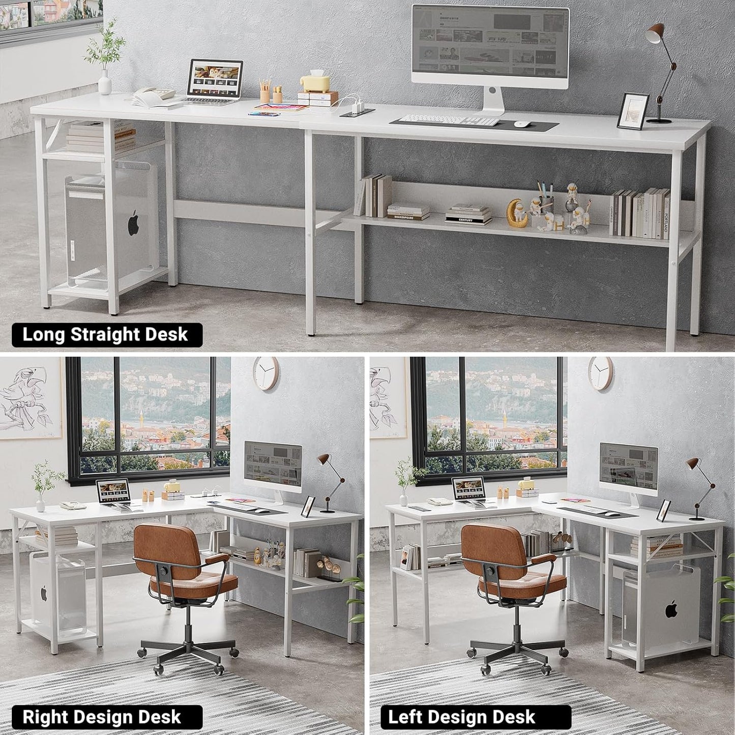 Unikito Reversible L Shaped Computer Desk with Magic Power Outlets and USB Charging Ports, Sturdy Corner Desk with Storage Shelves, Durable Work Desk for Home Office, Easy to Assemble, White