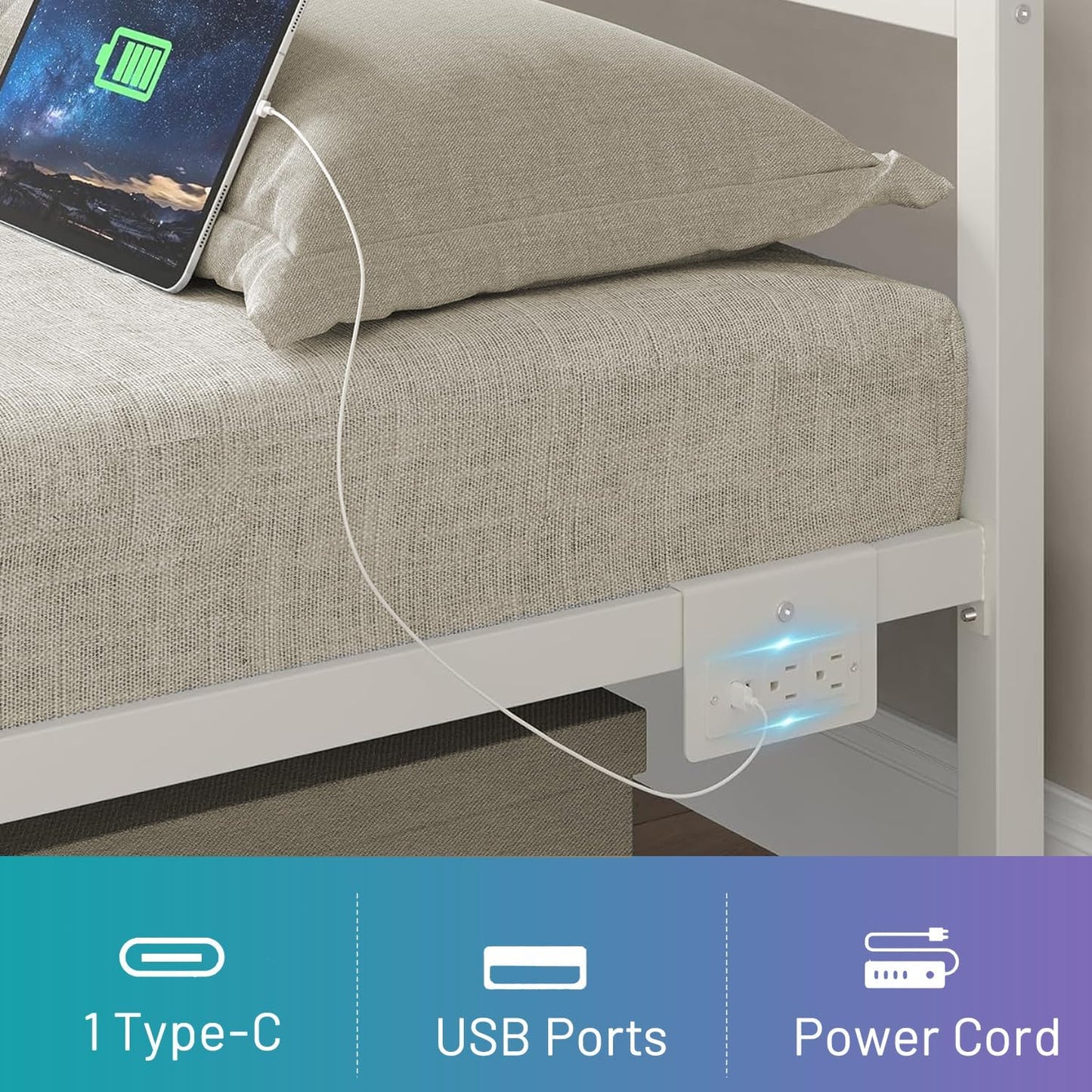 Twin Bed Frame with Headboard,Heavy Duty Steel Slats Support-LED Bed Frame with USB Charging Station,Mattress Foundation-Under Bed Storage,No Box Spring Needed,Noise Free,White