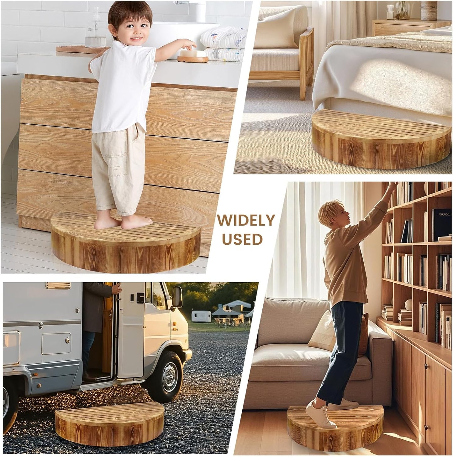 Solid Wooden One Step Stool, 5.2" High Semicircular Wood Bed Step for Elderly Adults Kids Safety to Get in & Out of High Bed, Kitchen, Bathroom(26.4" L, 550LBs Capacity)