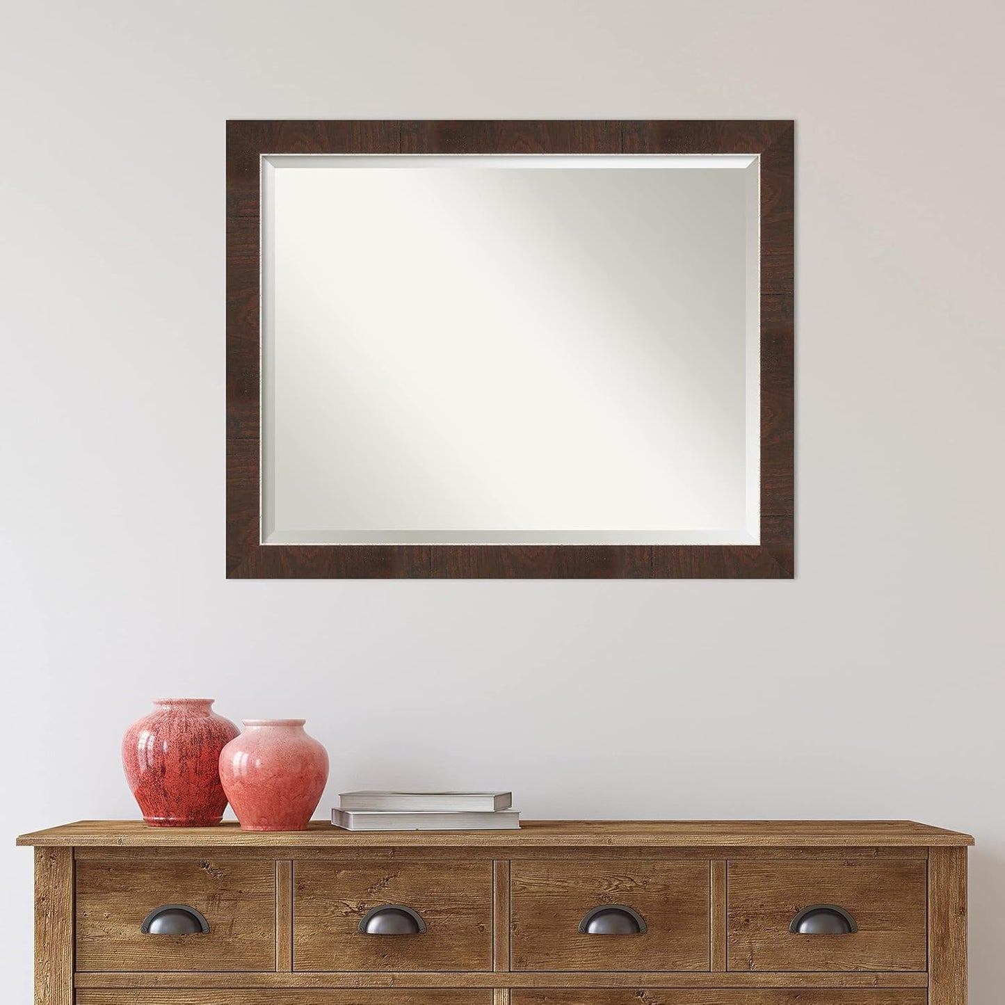 Amanti Art Brown Bathroom Mirror for Over Sink, 25x31 Wildwood Brown Narrow Rectangle Vanity Mirror, Large Rustic Farmhouse Frame, Hangs Horizonally and Vertically, Bathroom Wall Decor, Beveled Edge