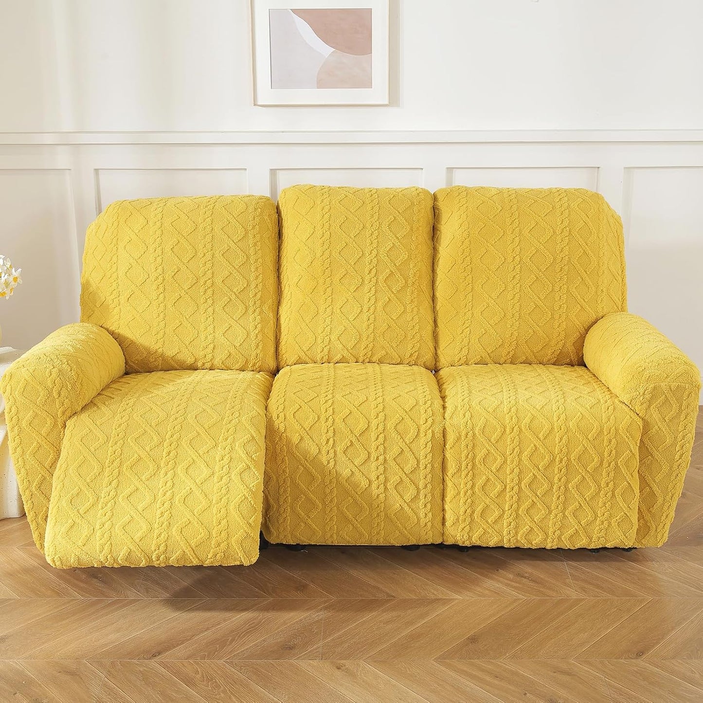 vctops 8 Pieces Geometric Jacquard Plush Recliner Sofa Covers Soft Fuzzy Fluffy 3 Seats Couch Cover Anti-Slip Sofa Slipcover Furniture Protector with Elastic Bottom for Kids Pet(Yellow,3 Seat)