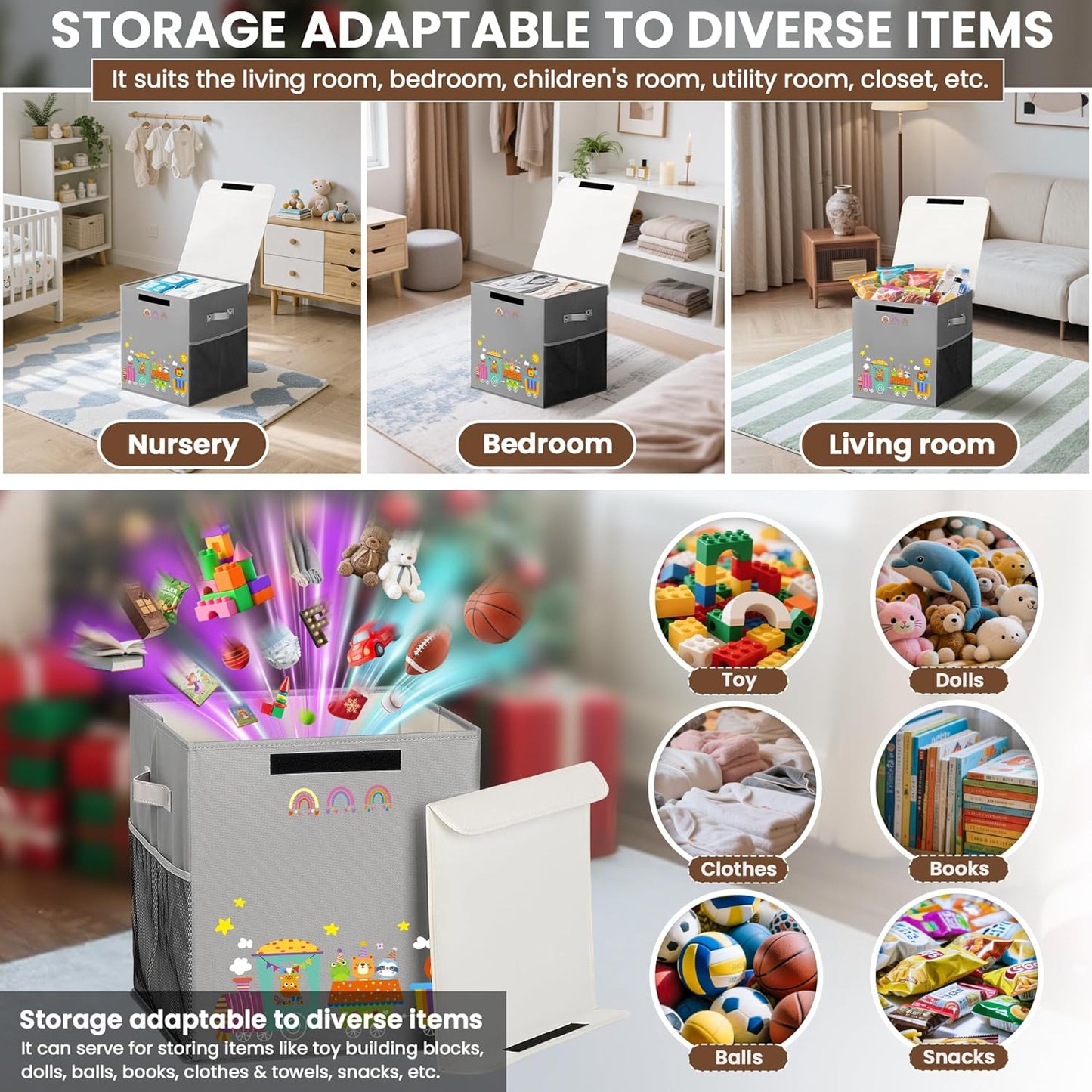 40L Large Toy Storage Box with Lid, Large Toy Box Chest for Kids, Girls and Boys, Nursery Room and Living Room, 13"x13" x16" (grey-train)