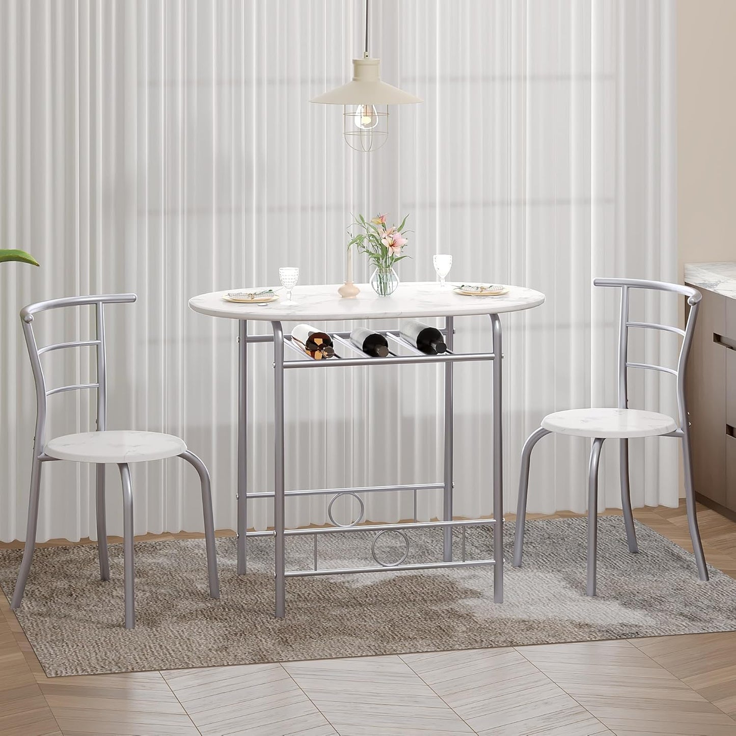 VECELO 3-Piece Dining Table Set for Kitchen Breakfast Nook, Faux Marbled Oval Tabletop and Metal Frame with Built-in Wine Rack, for Small Spaces, White & Silver