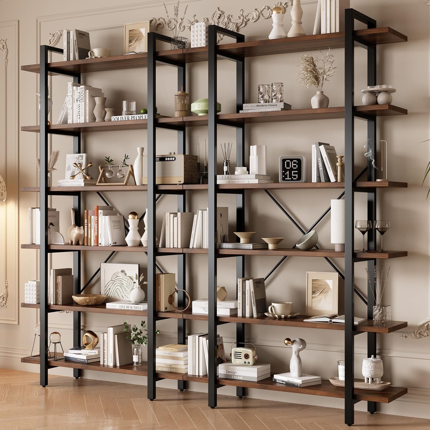 Solid Wood core Industrial Style Bookcase,Bookshelf with 6 Shelves, Walnut Wood and Black Metal Frame, Large Open Storage Display Unit (Dark Walnut, 6 Tiers)