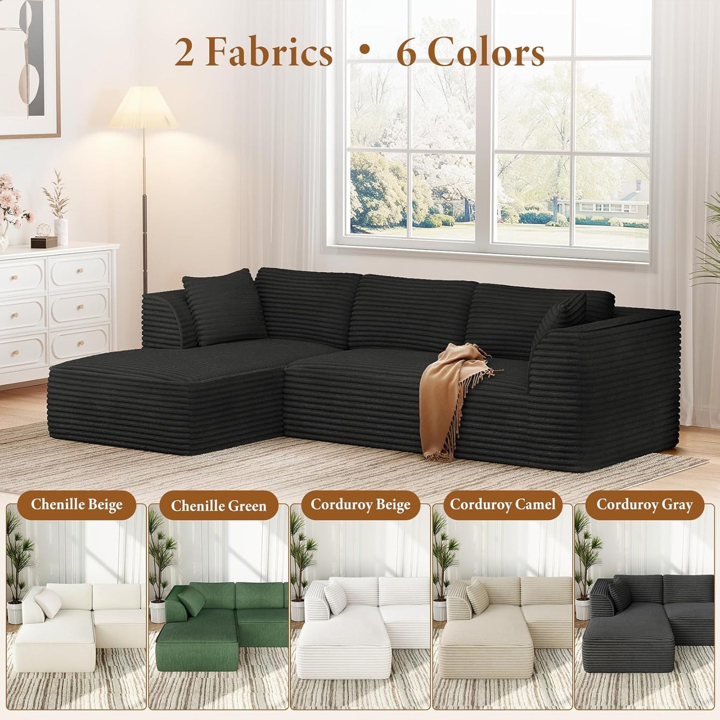 Vesgantti 106" Boneless Couch with Chaise, Deep Seat Comfy Cloud Modular Sofa Corduroy Memory Foam Sectional Couches for Living Room Bedroom, No Assembly Required (Black, Left-Facing Chaise)