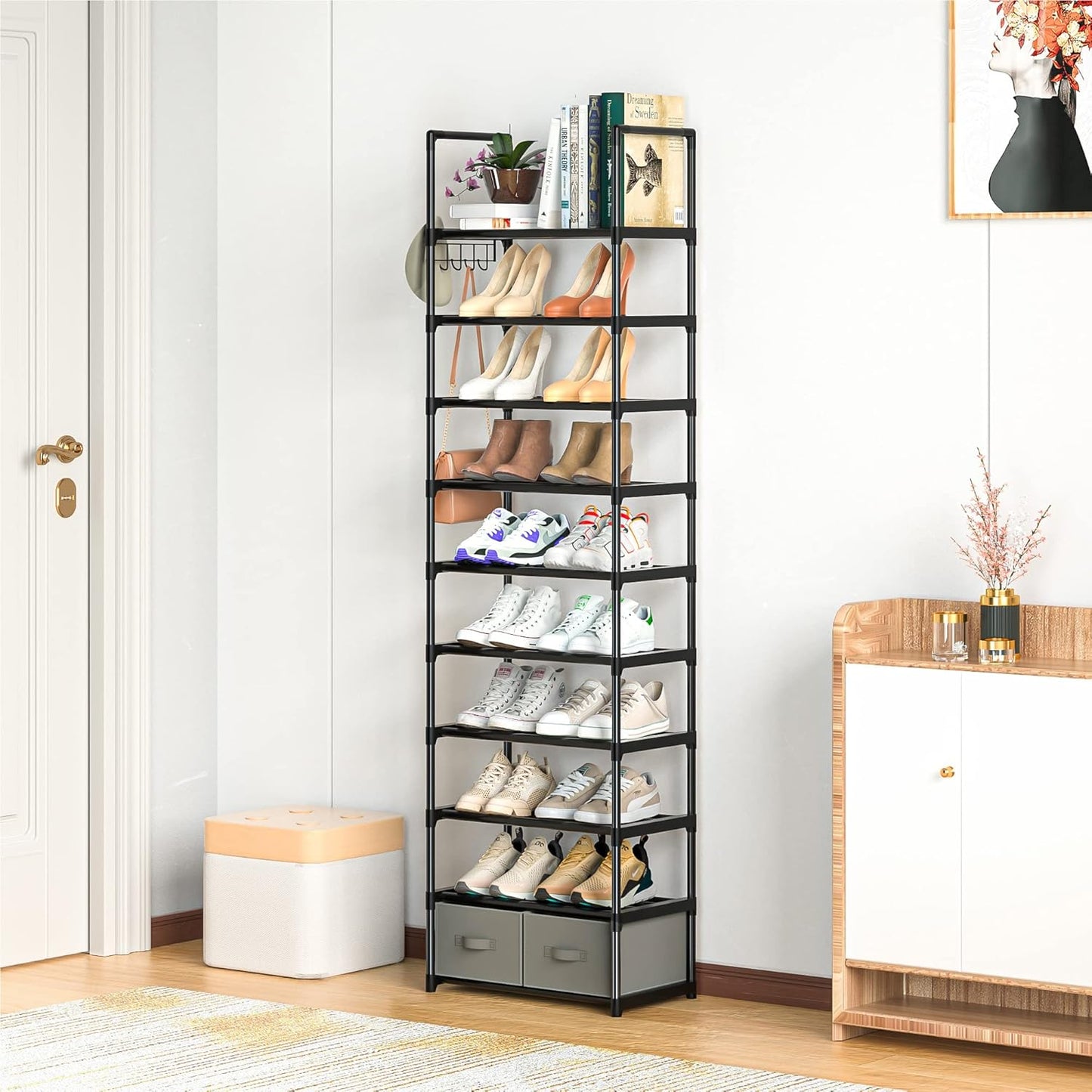Tall Shoe Rack Narrow 10 Tier Shoes Rack 20 25 Pairs, Shoe Storage Organizer for Closet, Sturdy Metal Shoe Shelf Shoe Stand with 2 Boxes 1 Hook