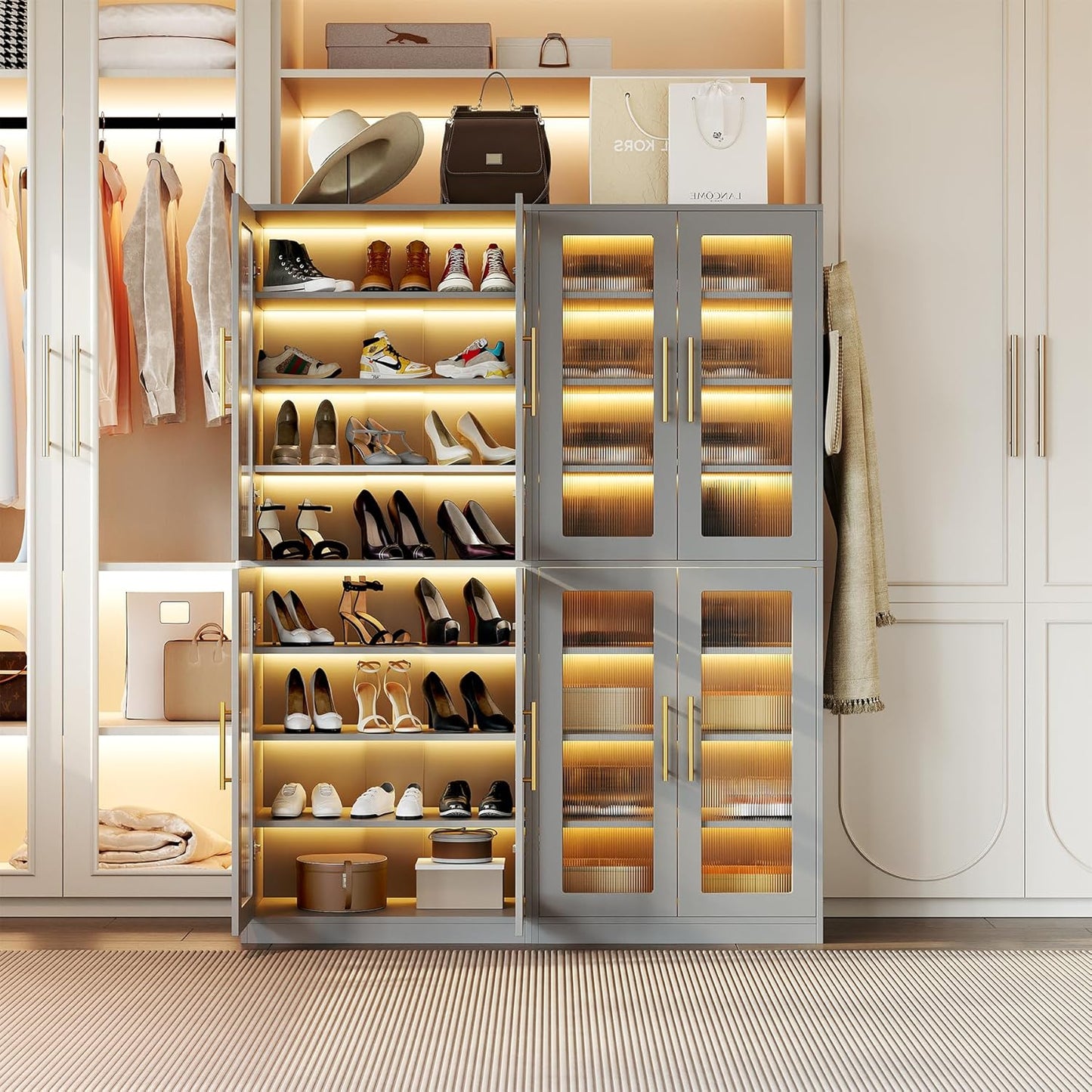 LITTLE TREE Stylish 8-Tier Vertical Shoe Rack with Built-in LED Lighting, Doors for Dust Protection, and Convenient External Hooks, Shoe Cabinet for Entryway, Living Room, Bedroom, Grey