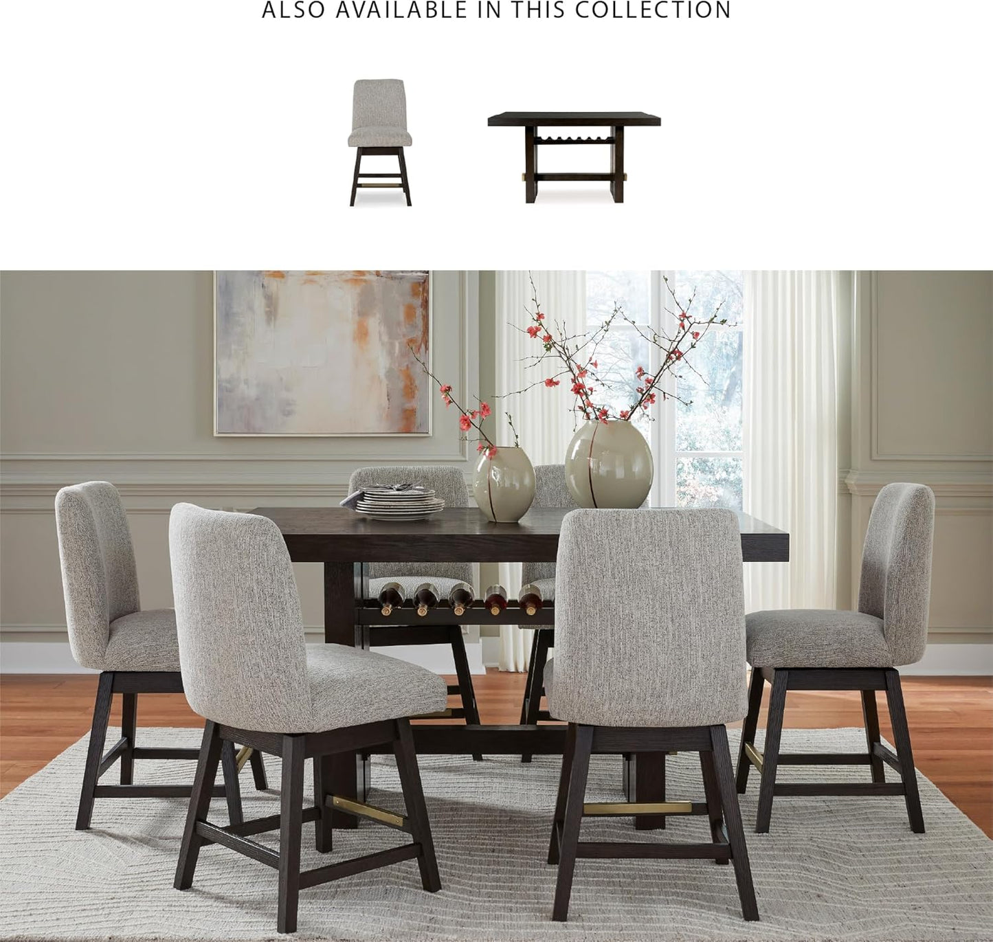 Signature Design by Ashley Burkhaus Urban Counter Height Upholstered Swivel Bar Stool with Footrest, Set of 2, Beige & Dark Brown