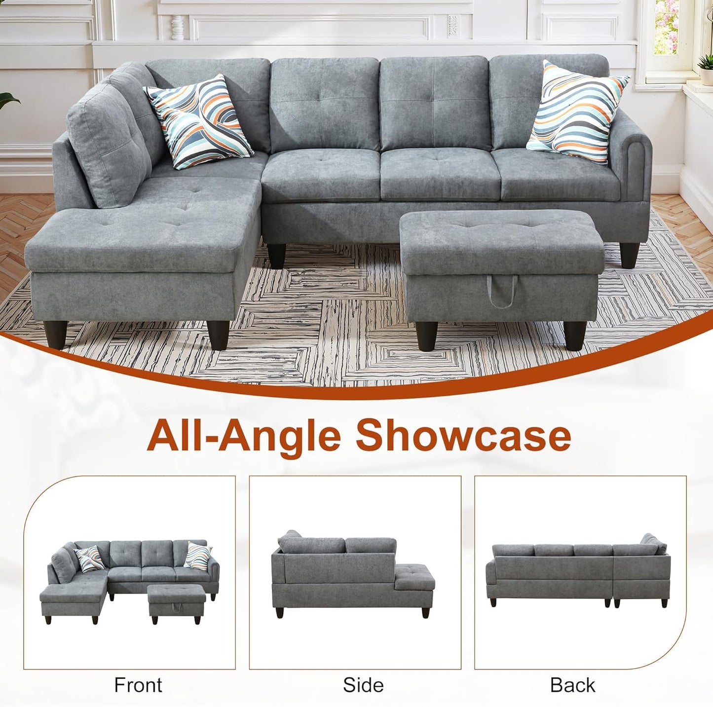 Osparple L Shaped Couch Sectional Couches for Living Room Upholstered Fluffy Fabric 3 Pieces Modular Sectional Sofa with Chaise, Ottoman with Storage for Living Room and Small Apartment, Dark Grey