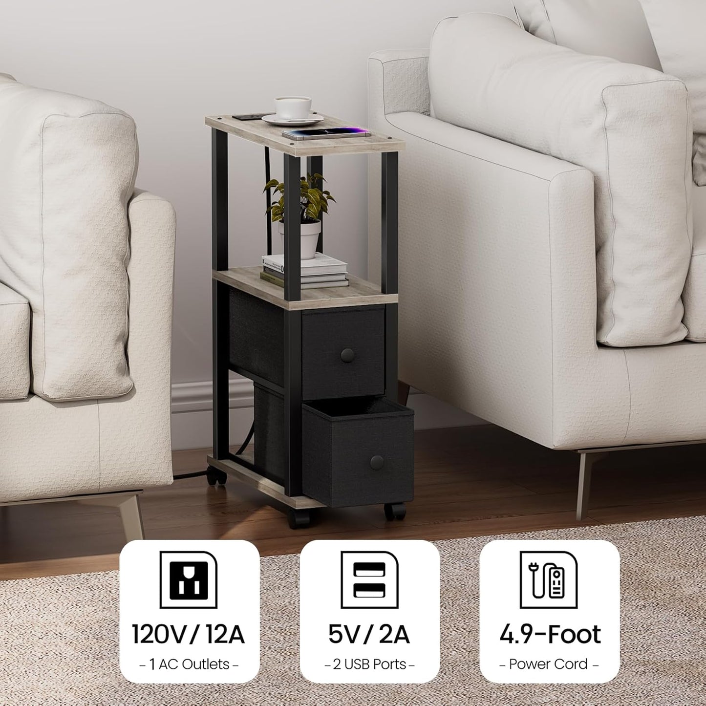 TUTOTAK Small Narrow End Tables, Side Tables with 2 Fabric Drawers, Set of 2, Bedside Tables with Charging Station for Small Spaces, Slim Nightstands with USB Ports and Wheels, TB01BG053