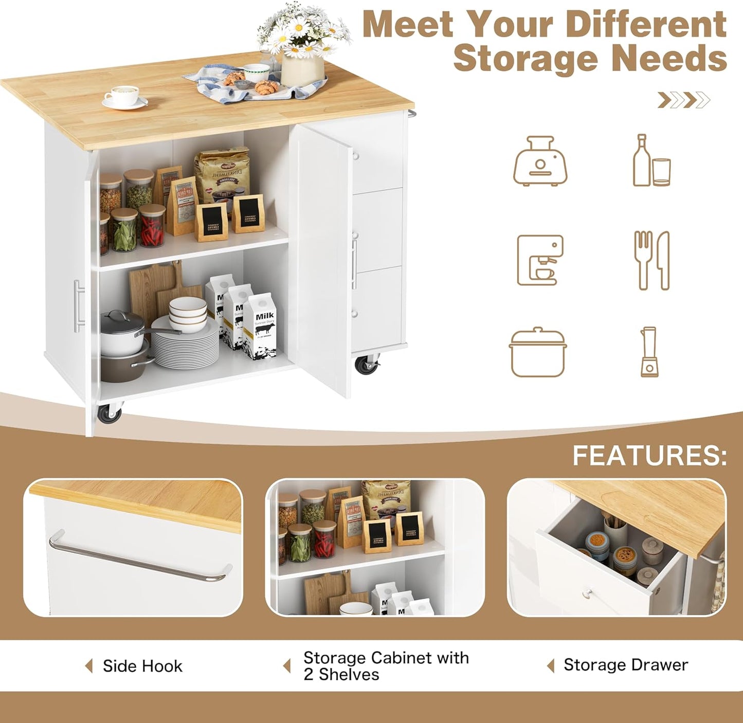 Shintenchi Kitchen Island with Folding Drop Leaf, Rolling Island Table with Storage, Kitchen Cabinet on Wheels with Seating Area for Kitchen, Bar Cart with Cabinet, White