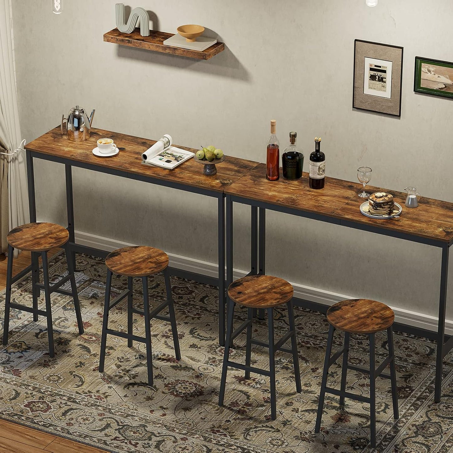 Bar Stools, Set of 2 Round Bar Chairs with Footrest, 24.4 Inch Kitchen Breakfast Bar Stools, Industrial Bar Stools, Easy Assembly, for Dining Room, Kitchen, Rustic Brown BAHR0201Z