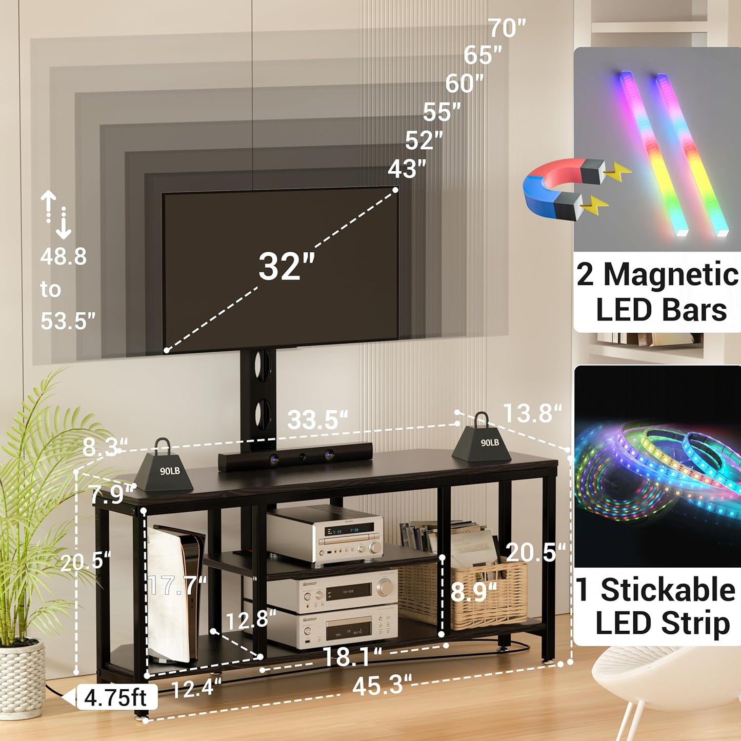 Corner TV Stand with Mount LED - Universal TV Mount Stand for 32-65" TV, Height Adjustable Swivel TV Console Wood & Steel Entertainment Center with Mount, Cabinet, Power Outlet, Colorful Light, Black