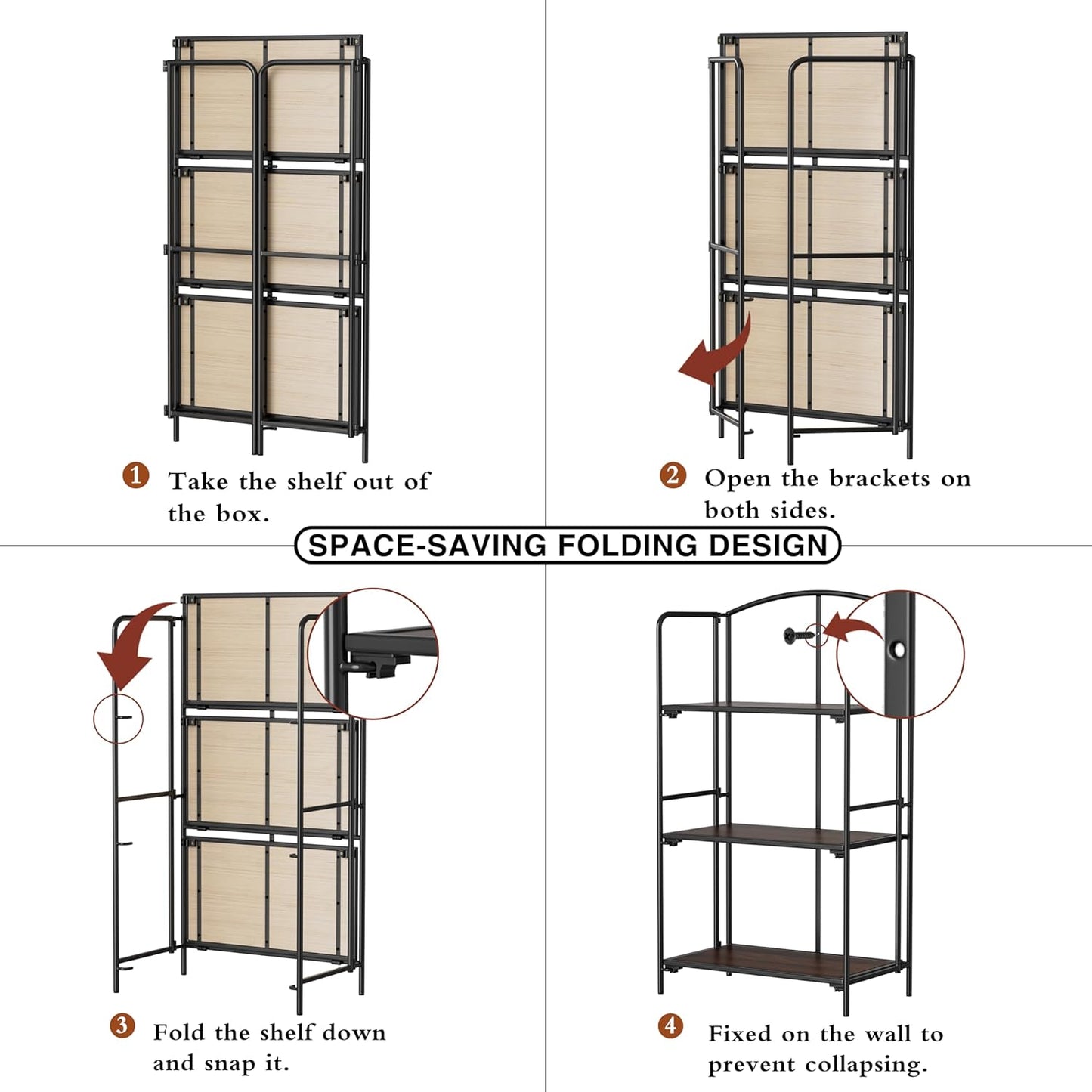 Crofy No Assembly Folding Bookshelf for Living Room, 3 Tier Black Collapsible Book Shelf for Home Office, Portable Bookcase Storage Organizer