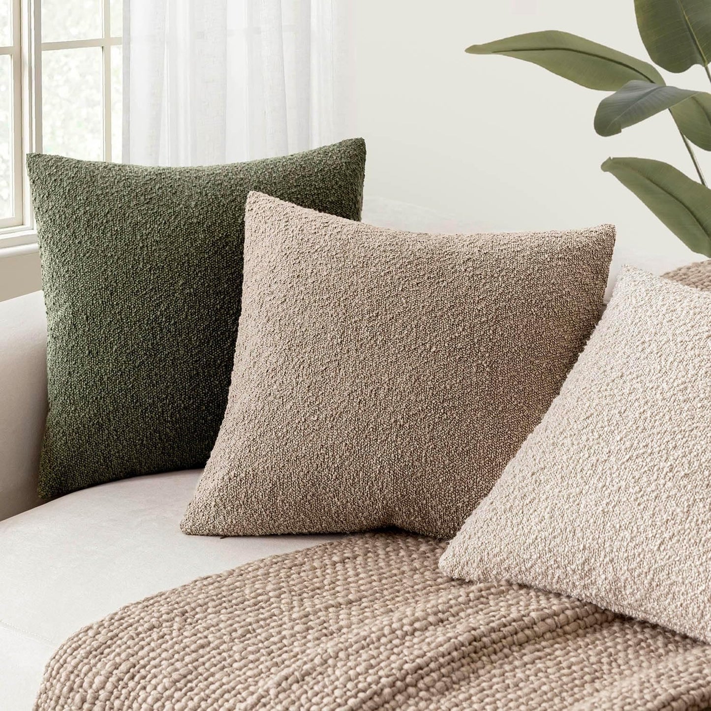 Foindtower Set of 2, Decorative Textured Boucle Throw Pillow Covers Accent Solid Pillow Cases Neutral Cozy Couch Cushion Case for Chair Sofa Bedroom Living Room Home Decor 24x24 Inch Light Khaki Tan