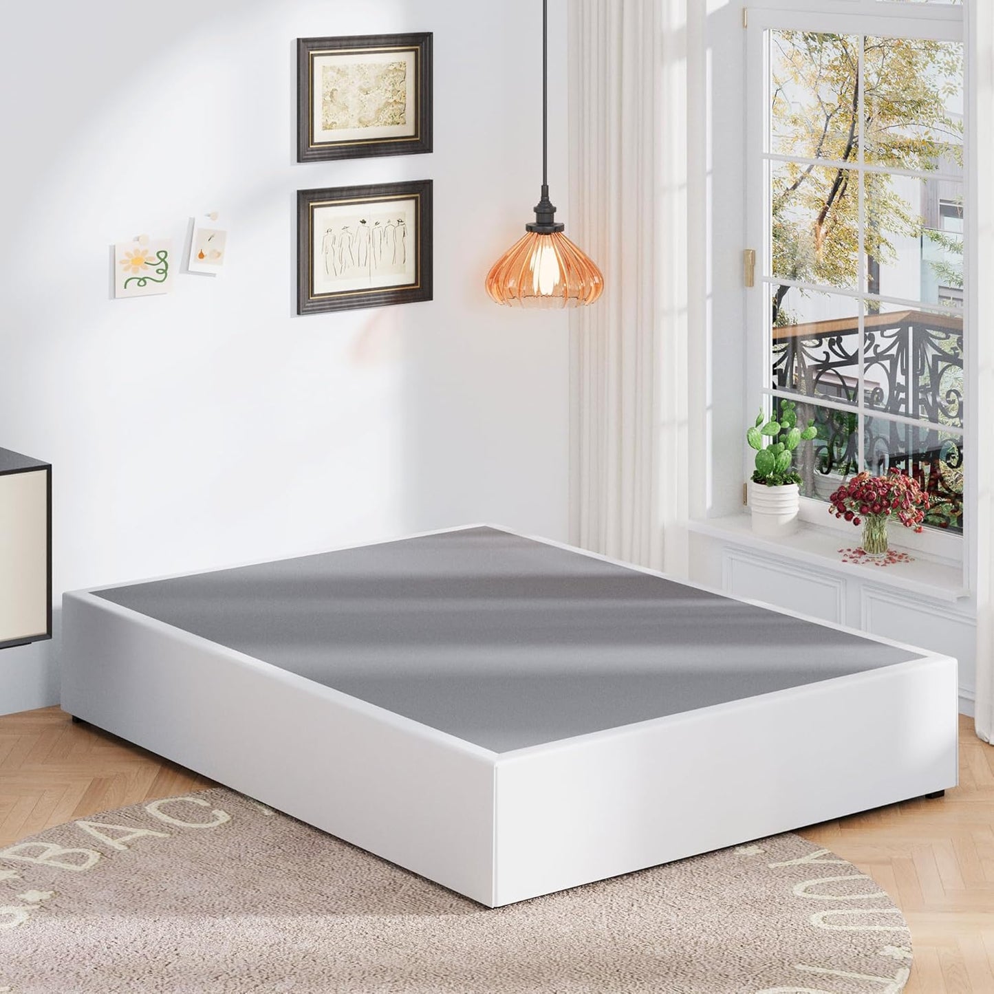 16 Inch King Size Bed Frame with White Skirt Cover, Metal King Bed Frame with Storage, No Box Spring Needed, Heavy Duty, Easy Assembly, Noise Free, Mattress Foundation