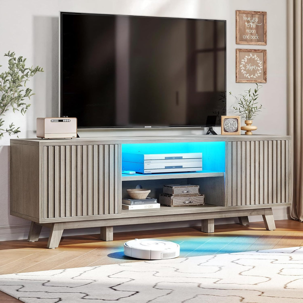 YITAHOME Television Stand for Living Room, Fluted TV Stand with LED Light for 65/55 Inch TV, Mid Century Modern Entertainment Center Media Console TV Cabinet with Adjustable Shelves, Light Oak