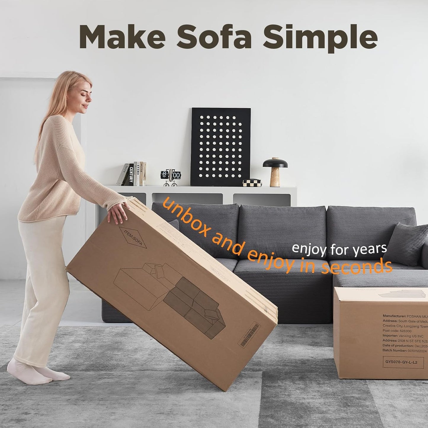 INGEROOM 108" Cloud Sectional Couch, Modular Sectional Sofa with L-Shaped Chaise, Modern Plush Corduroy Couch for Living Room Bedroom, No Assembly Required, Deep Seating Floor(Dark Gray)