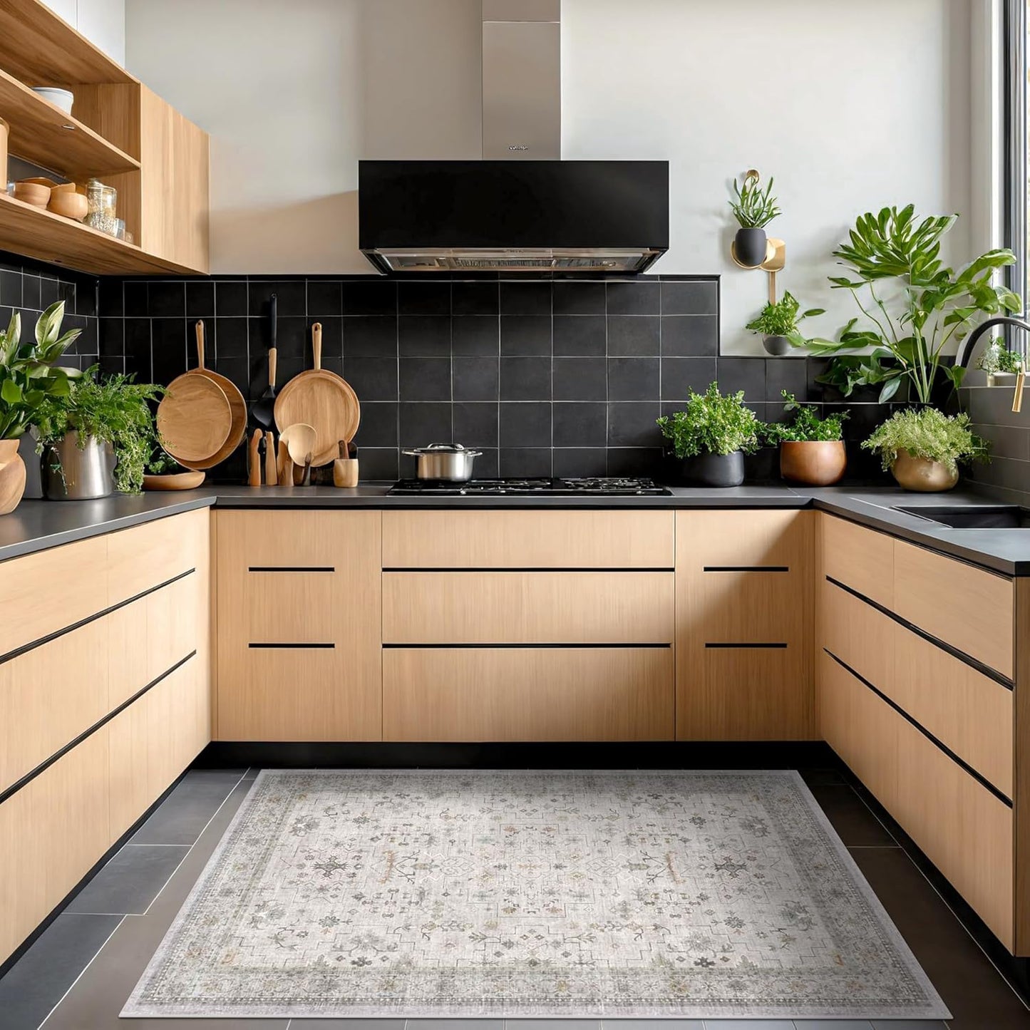 Boho 4x6 Living Room Rug - Light Grey Modern Vintage Eclectic Floral Pastel Neutral Taupe, Washable Low Pile Non-Slip Area Rugs for Kitchen, Mudroom, Bedroom Beside Bed, Office