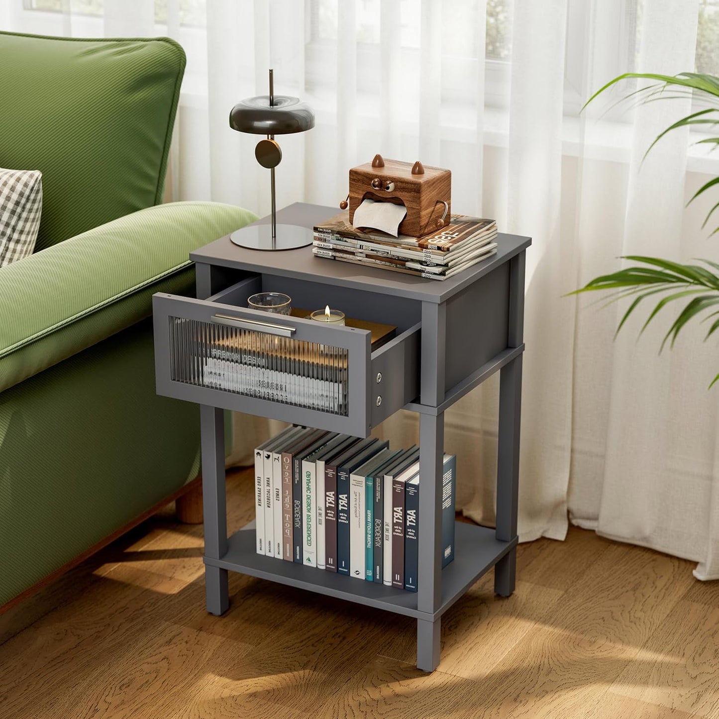 Nightstand Wooden Bedside Table with Drawer Grey Night Stands Modern Style Small End Table Side Table with Storage Shelf for Bedroom Living Room MLBZ10G