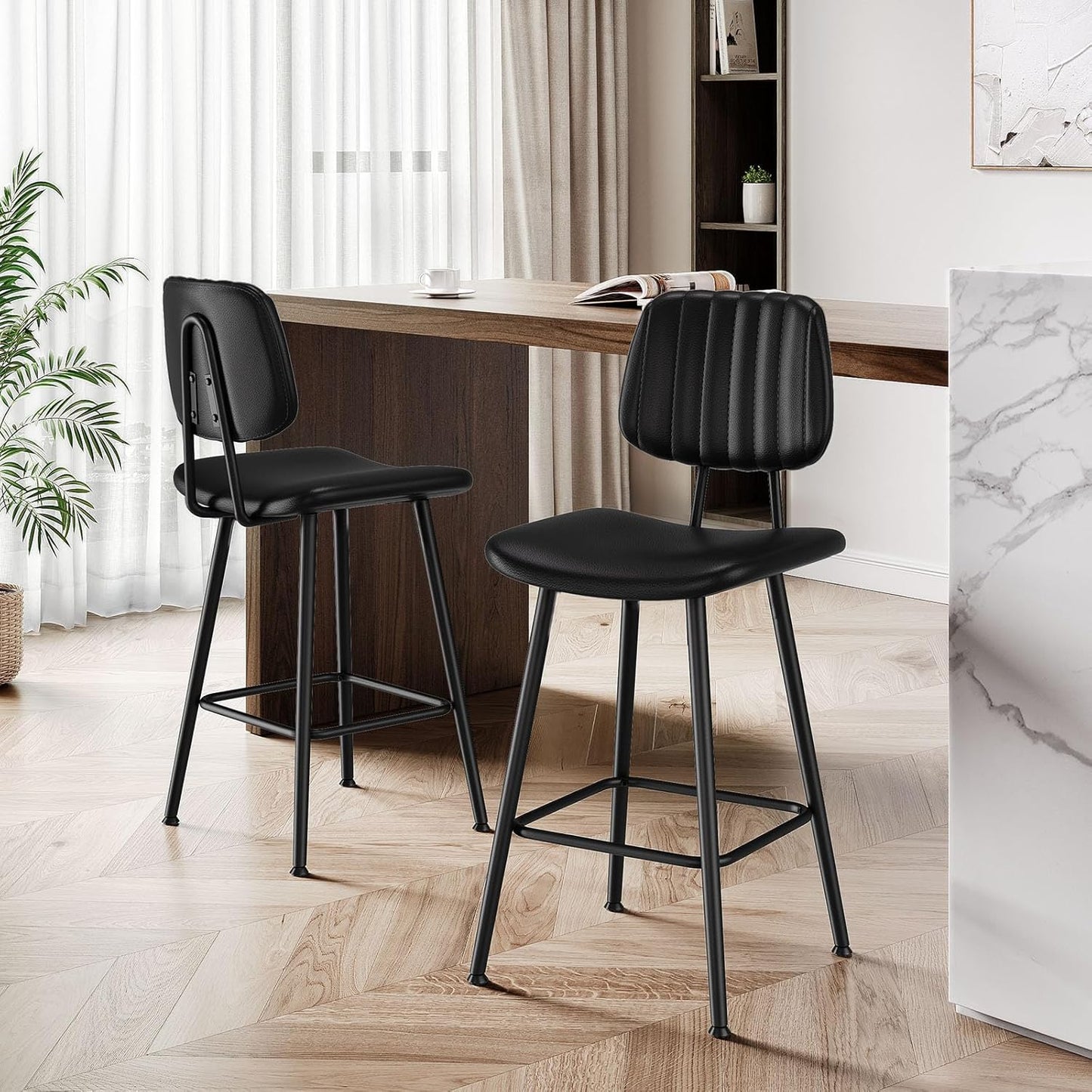 24-Inch Leather Bar Stools, Counter Height Barstools with High Backrest,Bar Chairs for Kitchen Island with Heavy Duty Metal Legs, Black