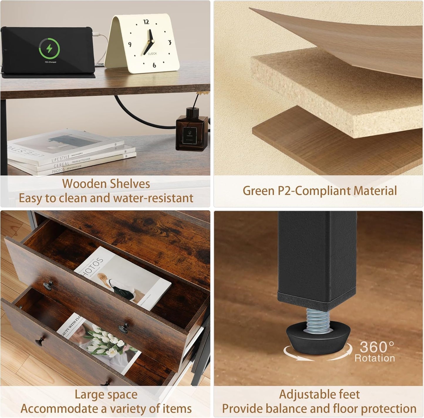 27 inch Wide Nightstand with Charging Station, Bedside Table with Open Shelf, 2 Drawers Small Wood Dresser, End Side Table for Bedroom (Rustic Brown)