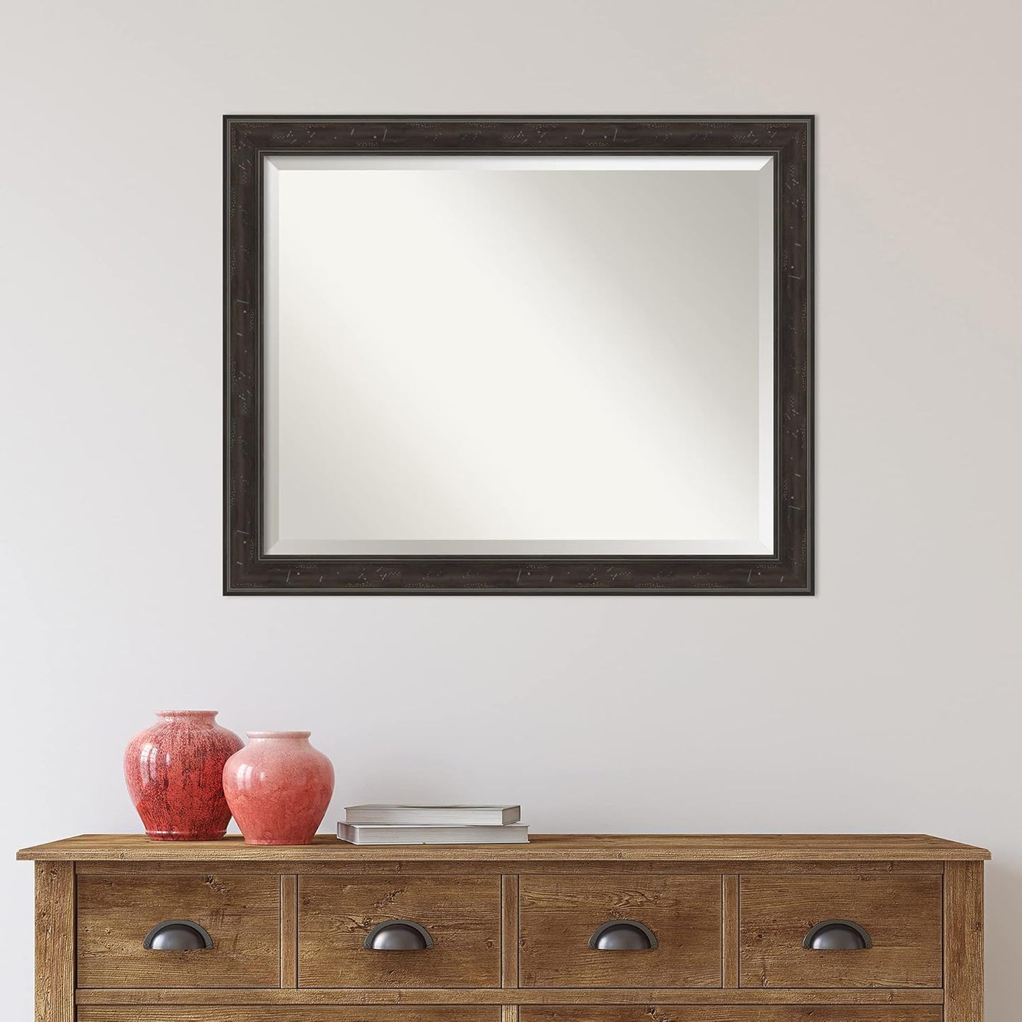 Amanti Art Brown Bathroom Mirror for Over Sink, 26x32 Shipwreck Greywash Narrow Rectangle Vanity Mirror, Large Traditional Frame, Hangs Horizonally and Vertically, Bathroom Wall Decor, Beveled Edge
