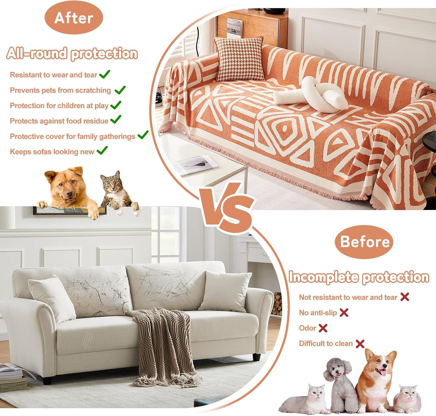 HANDONTIME Orange Sofa Covers for Couch Loveseat Covers Soft Chenille Couch Cover for Dogs Washable Furniture Protector with Tassel Solid Pet Couch Protector Thick, 71/'' X150/'', Tassel:orange