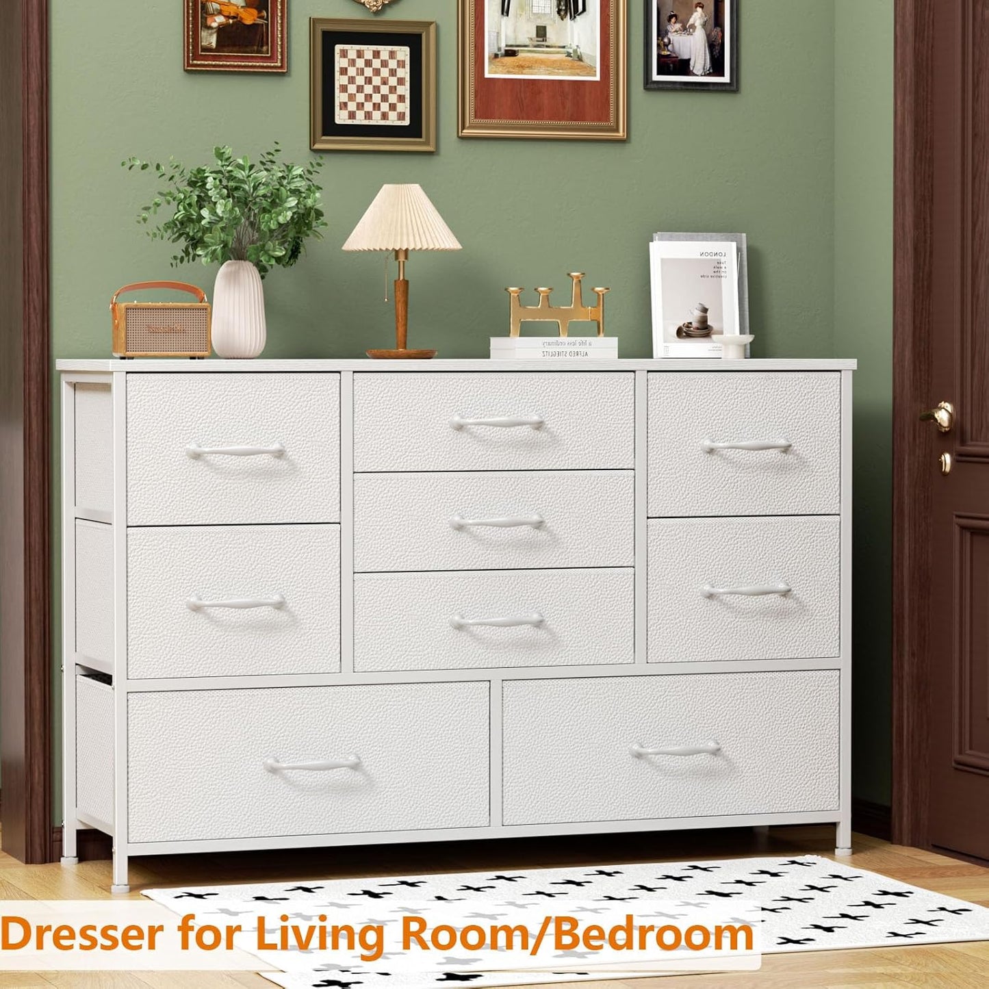 Furnulem Dresser for Bedroom with 9 Fabric Drawers for 55'' Long TV Stand Entertainment Center & Chests of Drawers, Wide Dresser Storage for Living Room, Dorm, Entryway, Sturdy Metal Frame, White