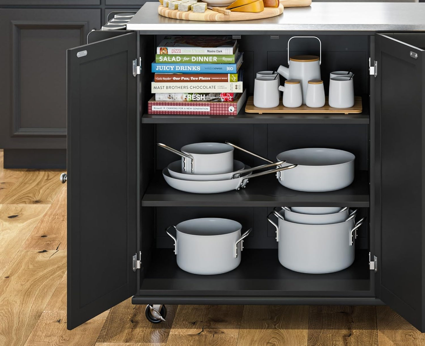 Homestyles Dolly Madison Black Mobile Kitchen Island Cart with Stainless Steel Top