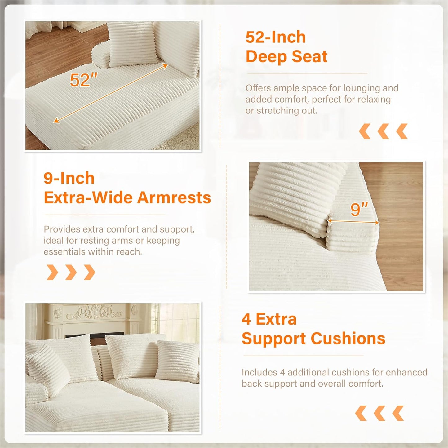 ERYE 79" Oversized Double Chaise Lounge Indoor Sleeper Recliner Sofabed with 4 Pillows, Fluffy Corduroy Loveseat Sleeper Chaise Daybed 2 Pieces Boneless Chair Sofa Bed for Living Room Bedroom Reading