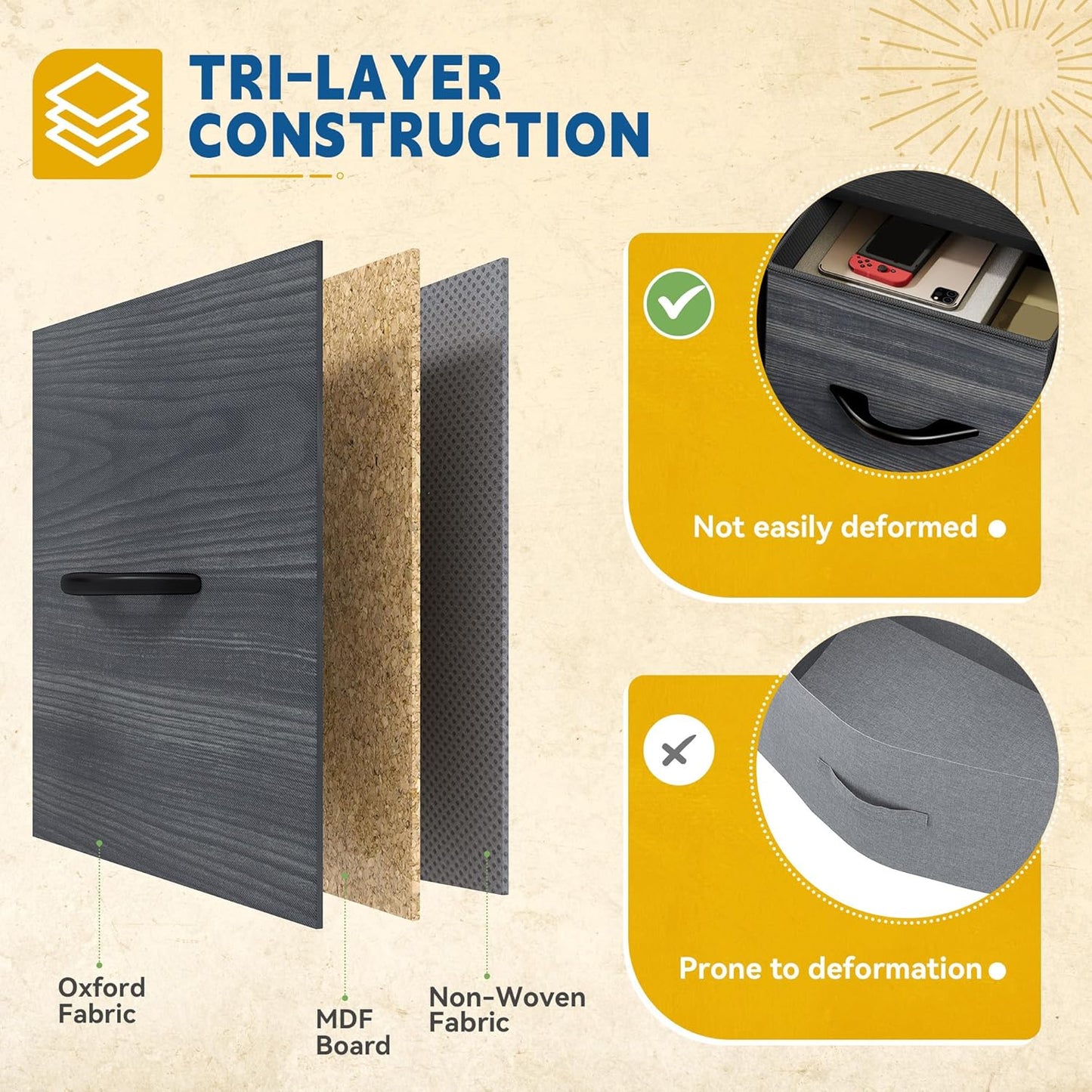 DWVO 4 Drawers Dresser, Dresser for Bedroom, Fabric Storage Tower, Chest of Drawers, Organizer Unit for Closets, Living Room, Sturdy Steel Frame, Wooden Top, Easy Pull Fabric Bins