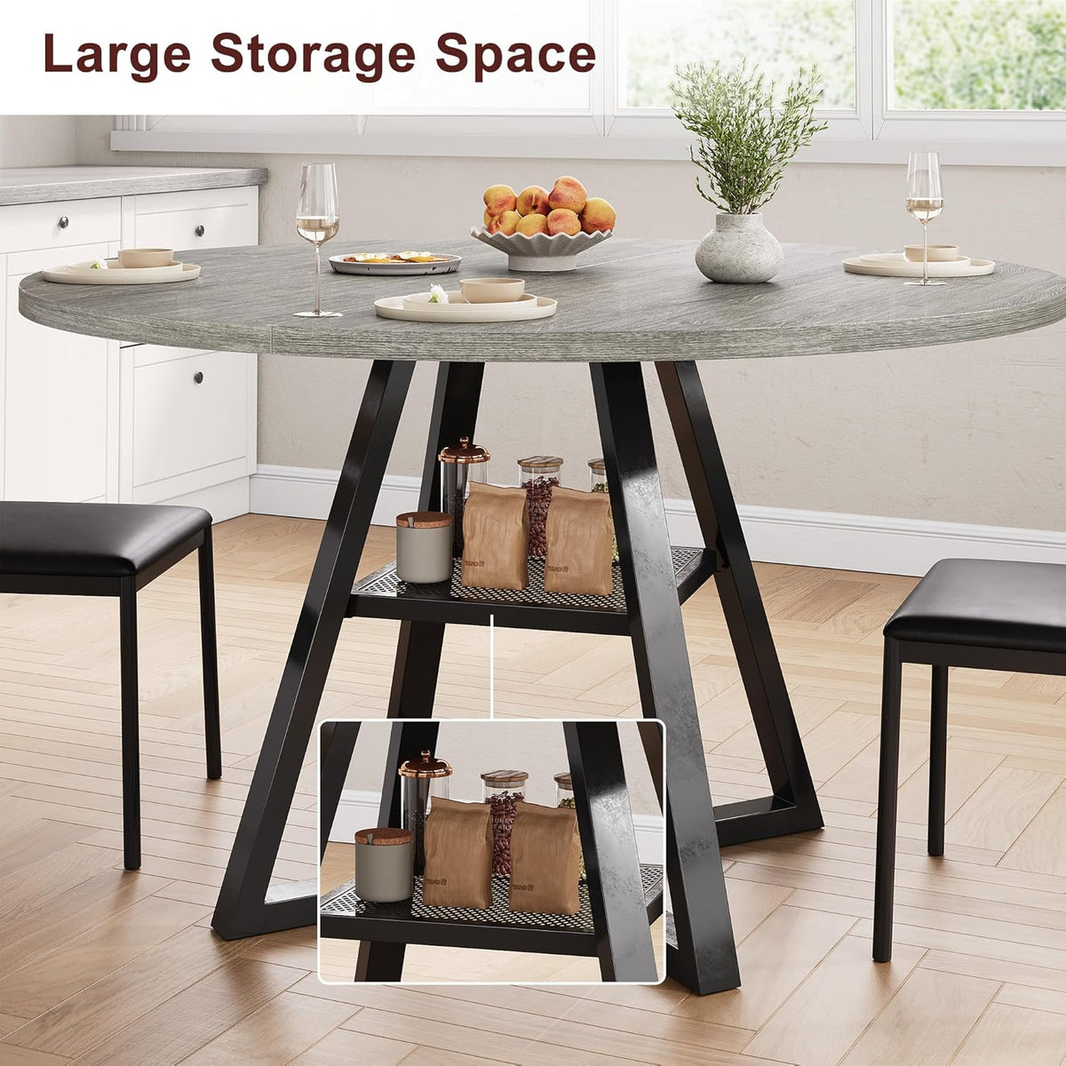 Round Dining Table for 4,Kitchen Dining Room Circle Dinner Pedestal Table,Space Saving Wood Kitchen & Dining Room Furniture (Grey, 47In)