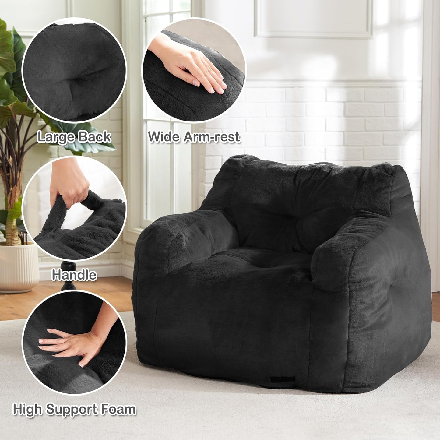Hobestluk Bean Bag Chair for Adult Small Bean Bag Chairs with Arms Furry Beanbag Chair with Foam Filler Stuffed Bean Bag Sofa for Reading in Bedroom Living Room and Dorms (Black)