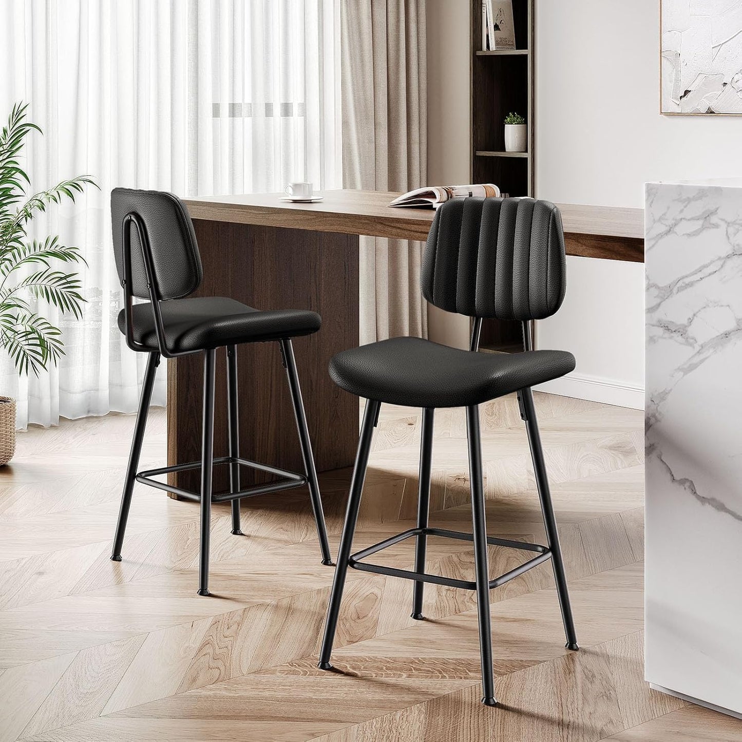 24-Inch Leather Bar Stools Set of 4, Counter Height Barstools with High Backrest,Bar Chairs for Kitchen Island with Heavy Duty Metal Legs, Black