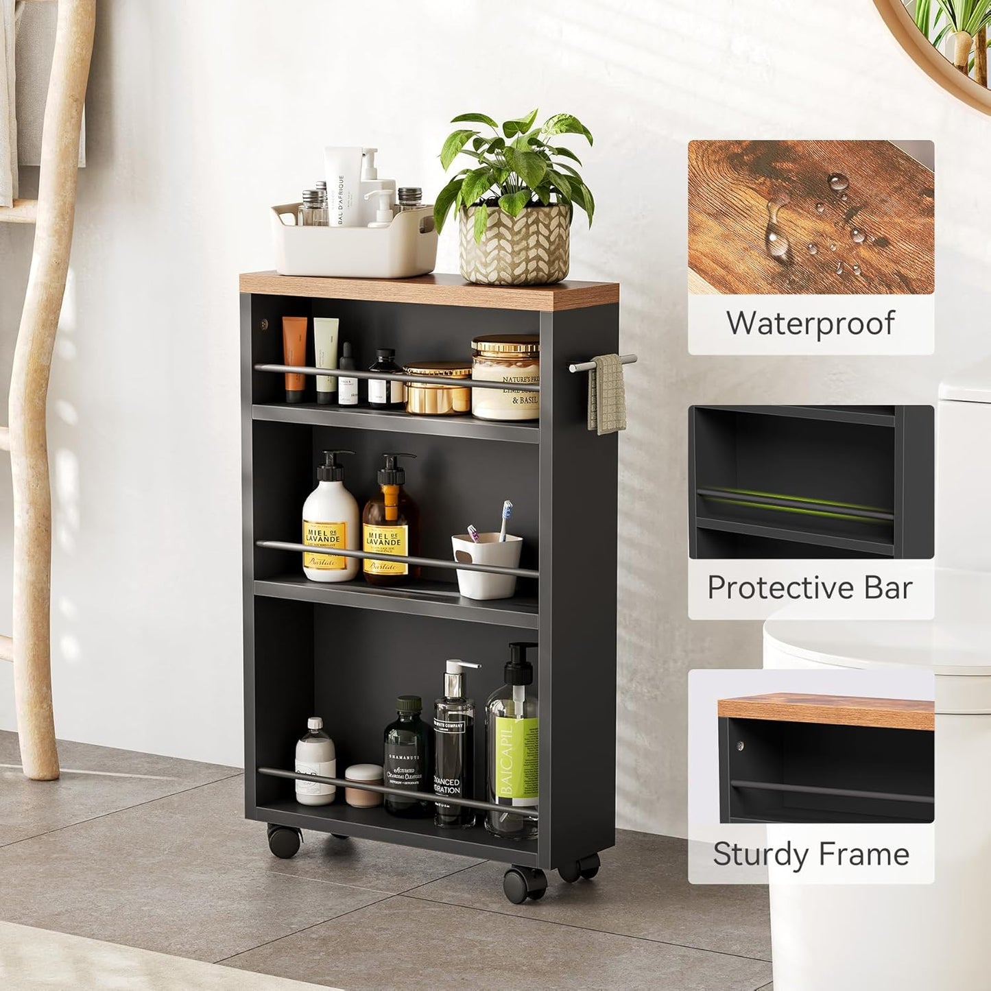 LITTLE TREE Slim Rolling Storage Cart, 3 Tier Snack Cart with Wheels for Kitchen, 6.3 Inch Wide Bathroom Organizer Shelves, Wooden Utility Cart for Laundry Room, Black