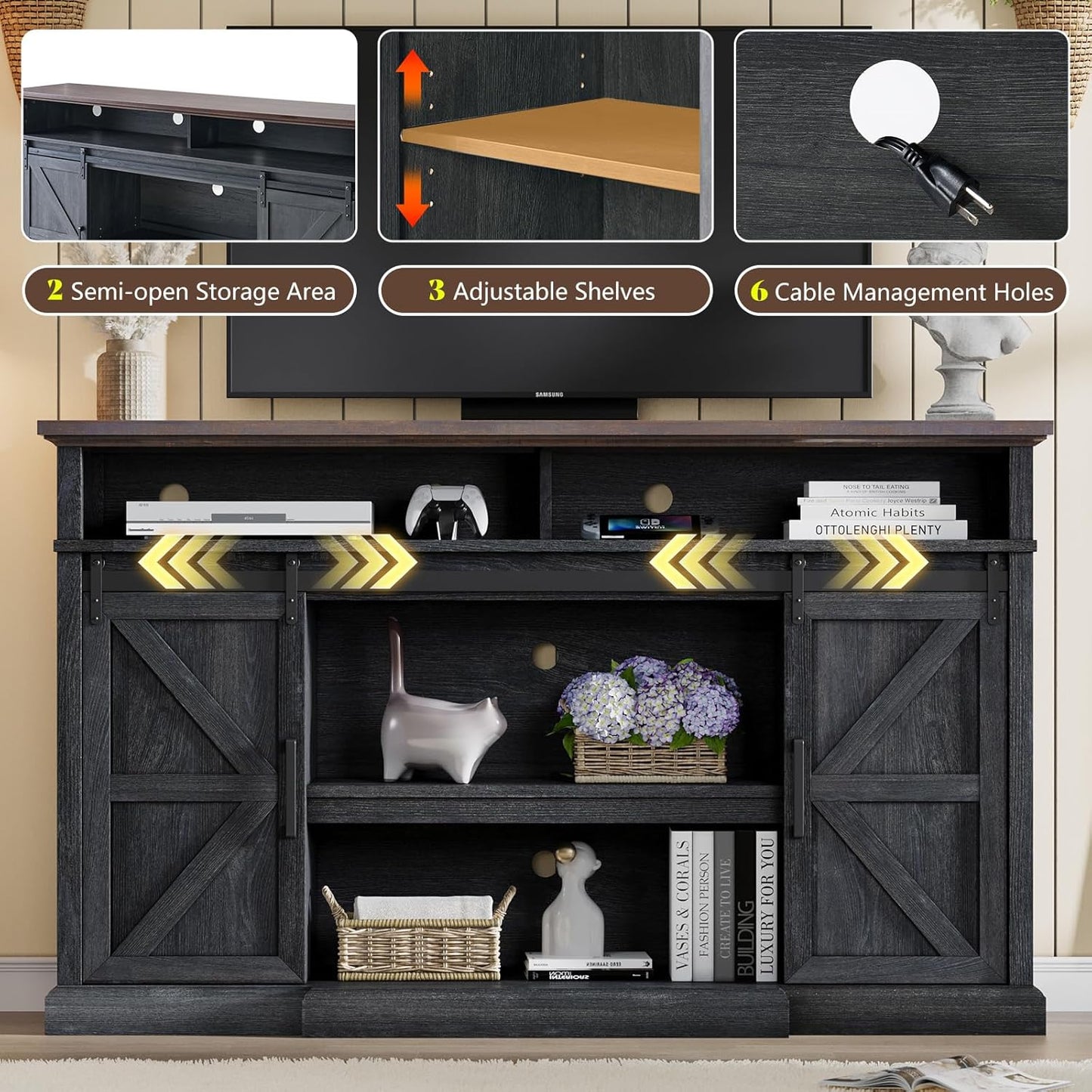 66" Farmhouse TV Stand with Sliding Barn Doors, 40" Tall Entertainment Center for 75 Inch TVs, Rustic Media Console Table Storage Cabinet w/Soundbar & Adjustable Shelves, Living Room, Dark Gray