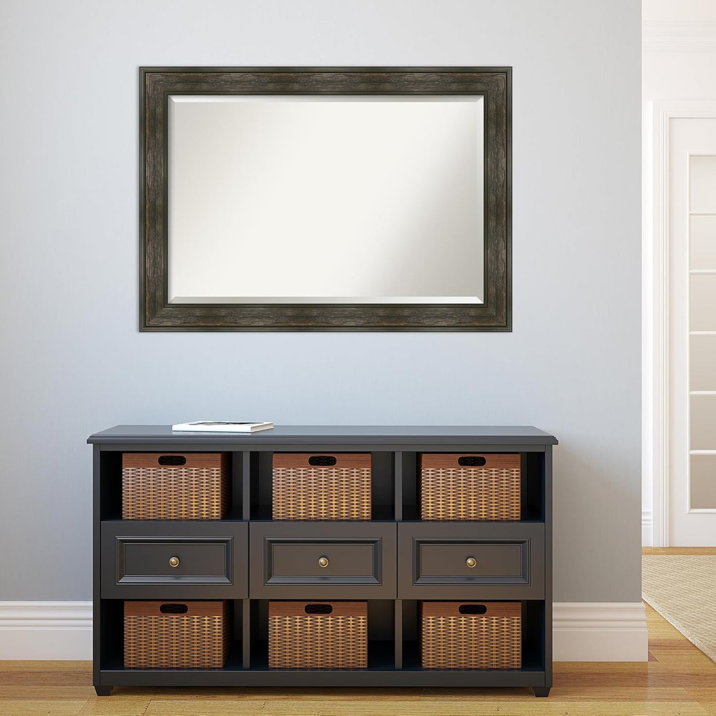 Amanti Art Brown Wall Mirror 30x42 Rail Rustic Char Rectangle Bathroom Mirror for Wall Decor Living Room, Large Rustic Farmhouse Frame, Hangs Horizonally and Vertically, Bathroom Decor, Beveled Edge