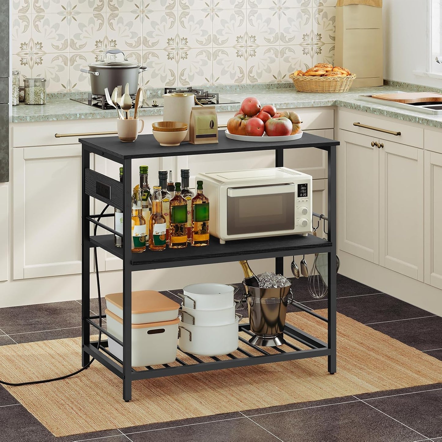 HOOBRO Kitchen Island with Storage, Kitchen Island Table with Power Outlet, 35.4" L 3 Tier Coffee Station and Microwave Stand, for Home, Kitchen and Dining Room, Black BB021ZD01