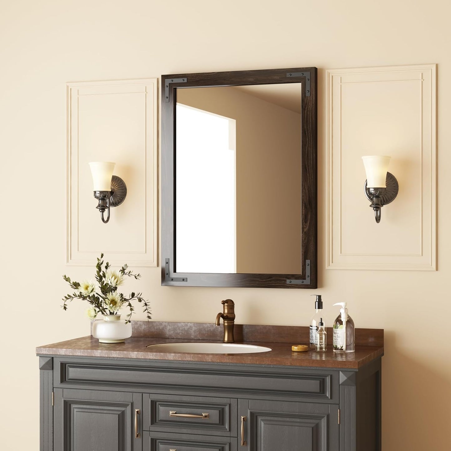 VocalStar Black Wood Framed Mirror 24 x 32 Inch, Rustic Natural Black Wooden Rectangle Bathroom Vanity Wall Mirror for Farmhouse Boho Decor, 1/4-inch Shatterproof Glass | Waterproof