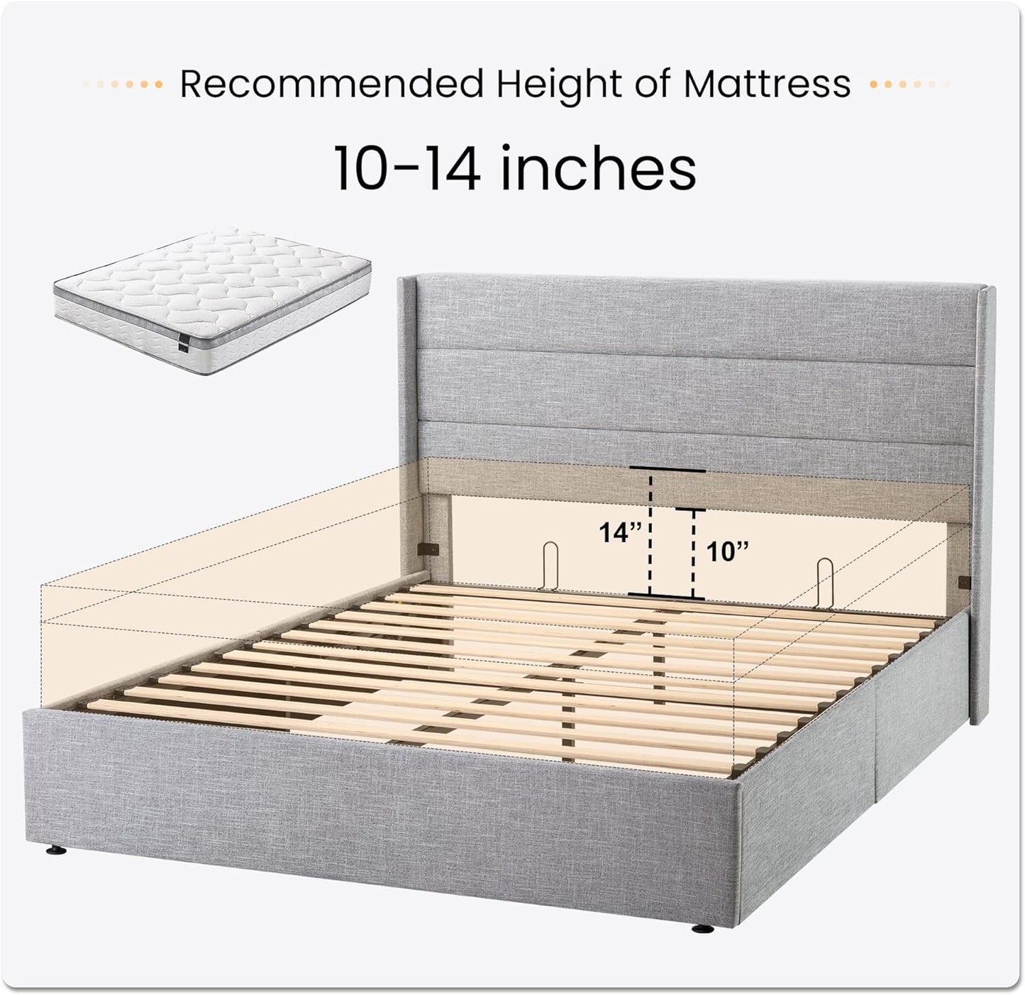 SHA CERLIN Full Size Lift Up Storage Bed/Modern Wingback Headboard/Upholstered Platform Bed Frame/Hydraulic Storage/No Box Spring Needed/Wood Slats Support/Light Grey