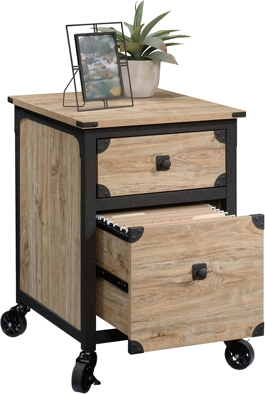 Sauder Steel River Pedestal File Cabinet, Metal Accent File Cabinet, Casters for Mobility, Industrial Style - Milled Mesquite Finish