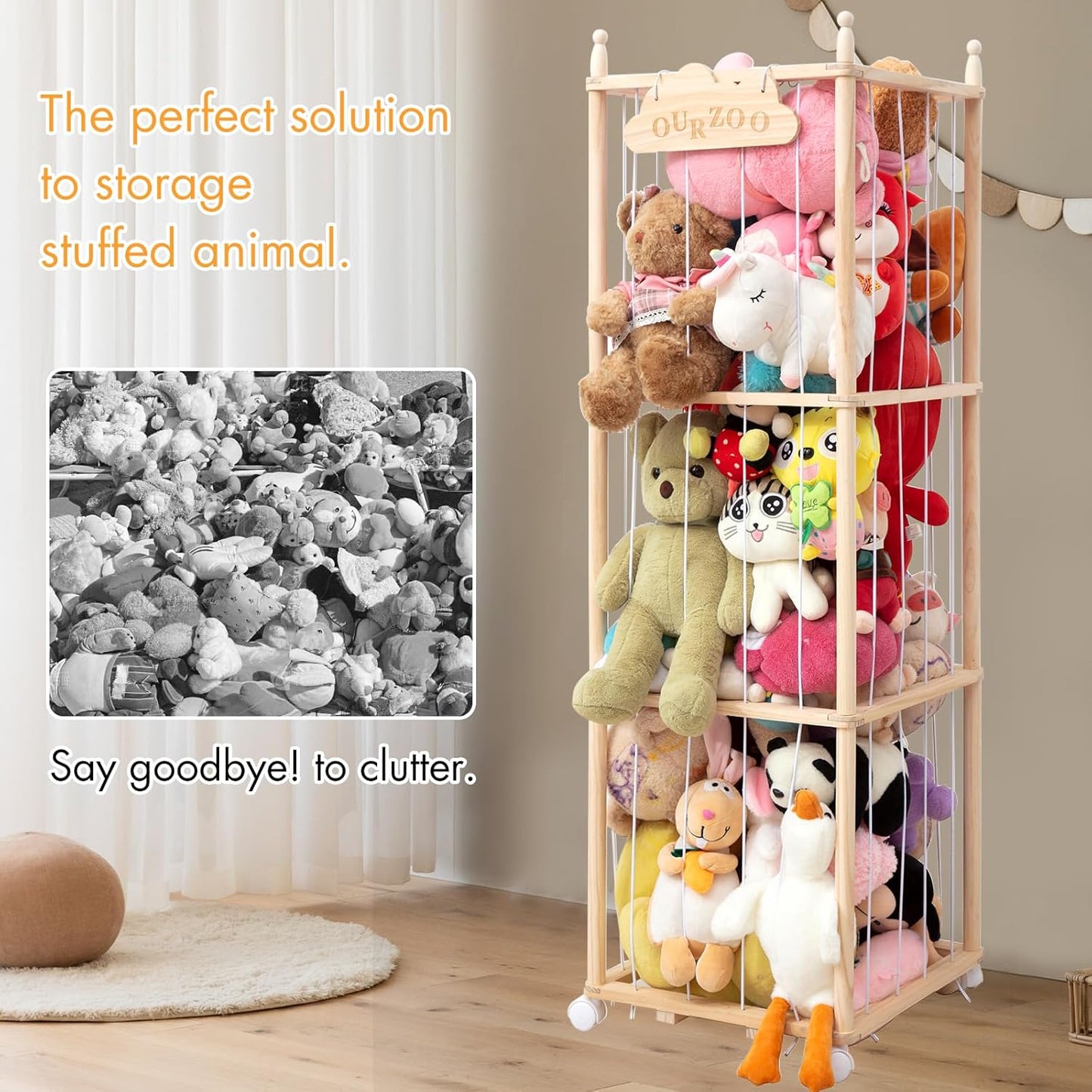 Stuffed Animal Storage Organizer, Zoo Toy Storage Holder with Wheels, Extra Large Capacity Wooden Stuffed Animals Storage Cage, Soft Toy Stuffed Animal Holder Tower for Nursery Playroom Bedroom